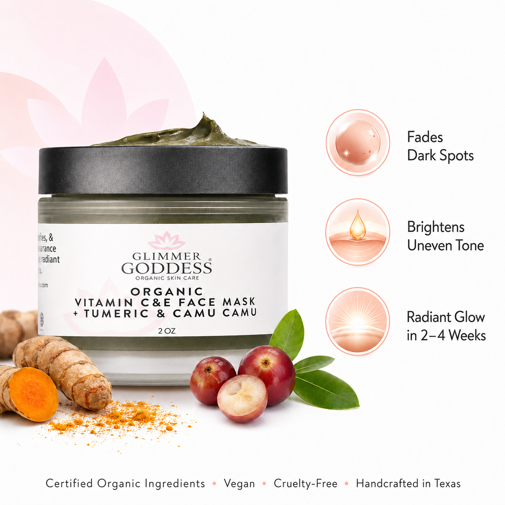 Organic vitamin C and turmeric brightening face mask in a premium glass skincare jar.