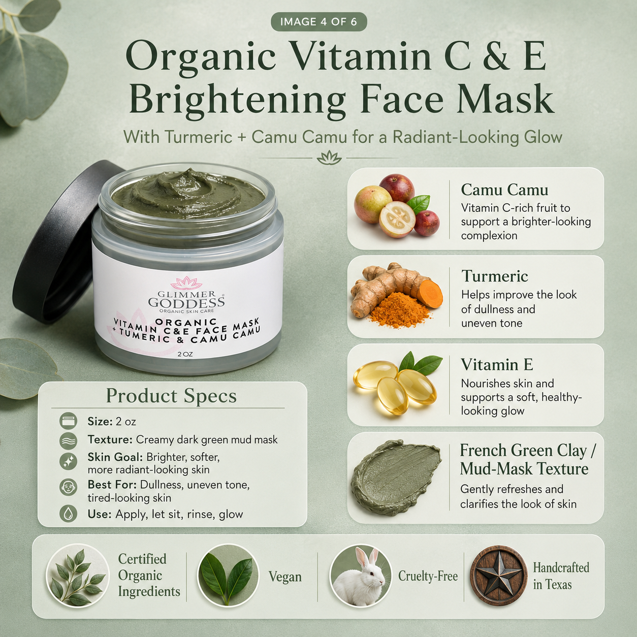 Organic vitamin C and turmeric brightening face mask in a premium glass skincare jar. — view 4
