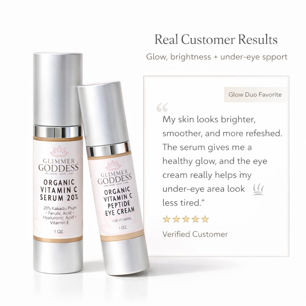 Organic Vitamin C Glow Duo face and eye serum set in amber glass dropper bottles — view 3