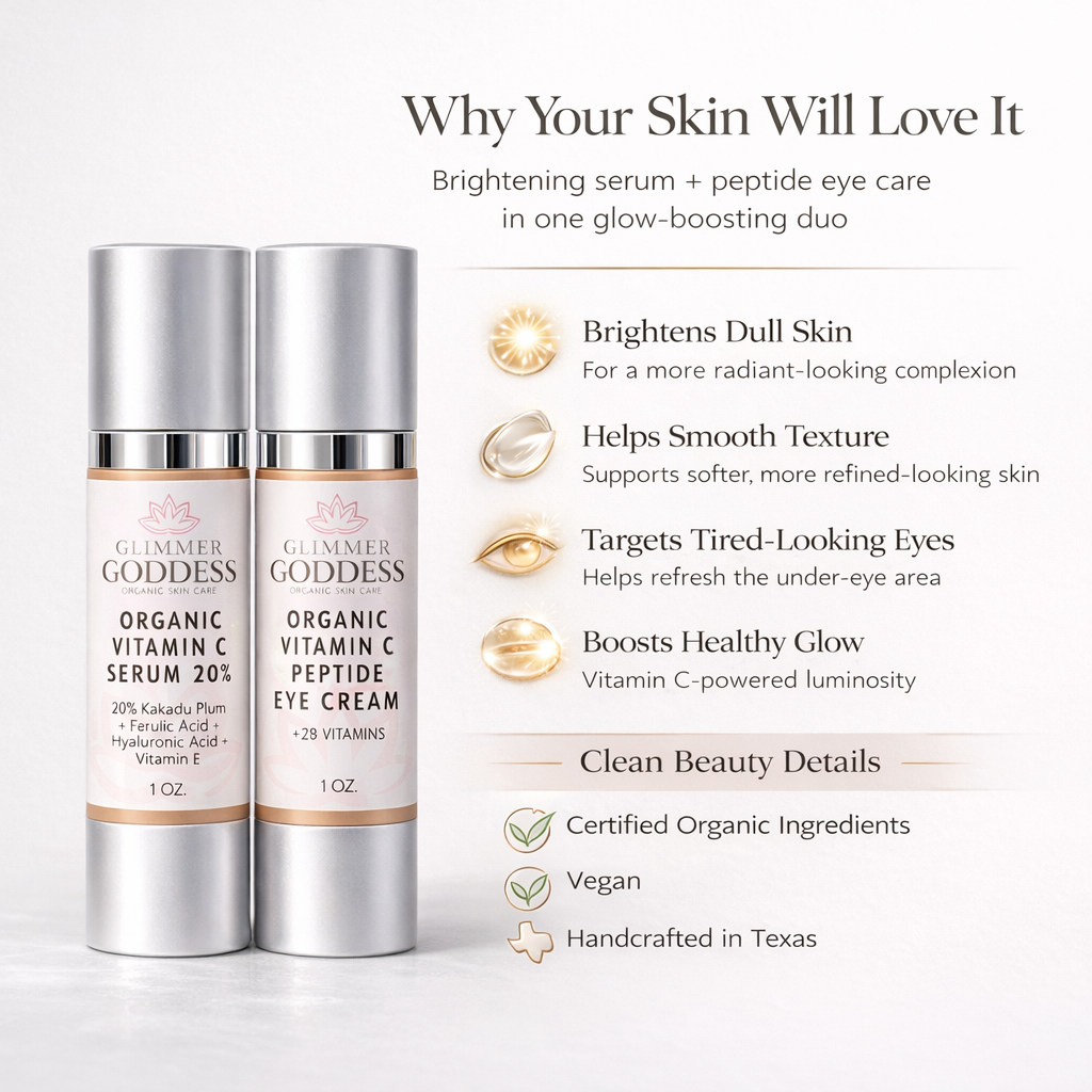 Organic Vitamin C Glow Duo face and eye serum set in amber glass dropper bottles — view 5