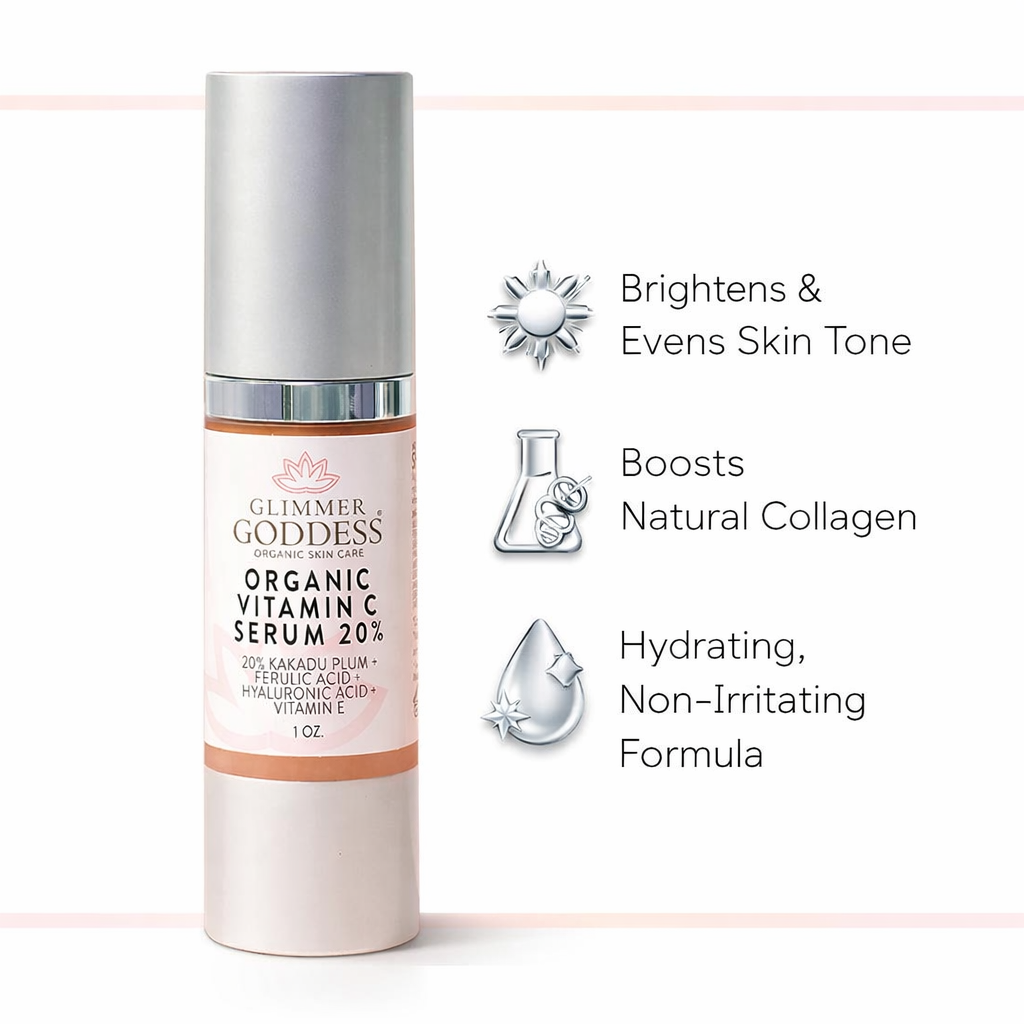 Organic Vitamin C Serum 20 percent glass dropper bottle with plant based brightening treatment
