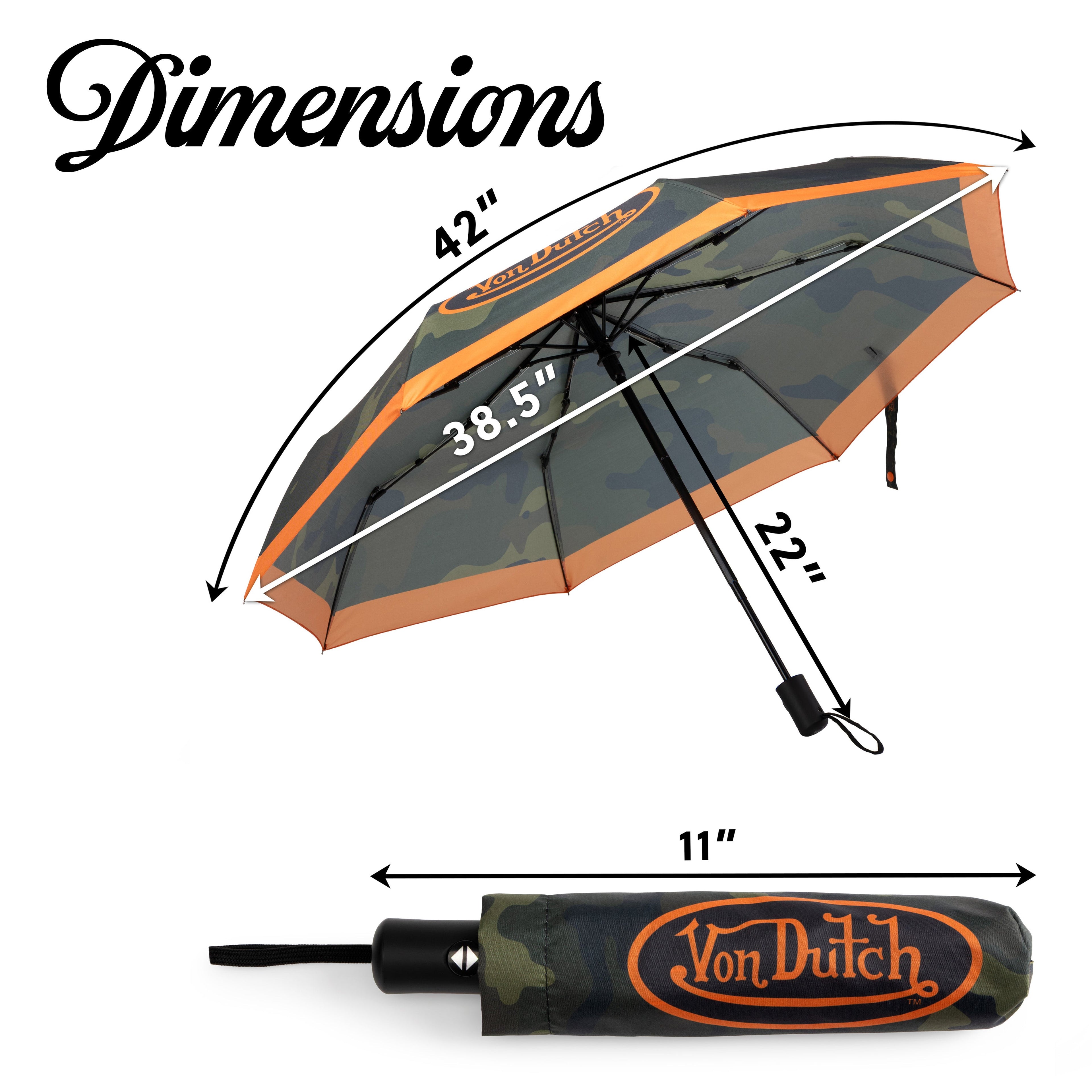 Von Dutch camo compact automatic umbrella with comfortable grip handle and protective travel sleeve — view 3