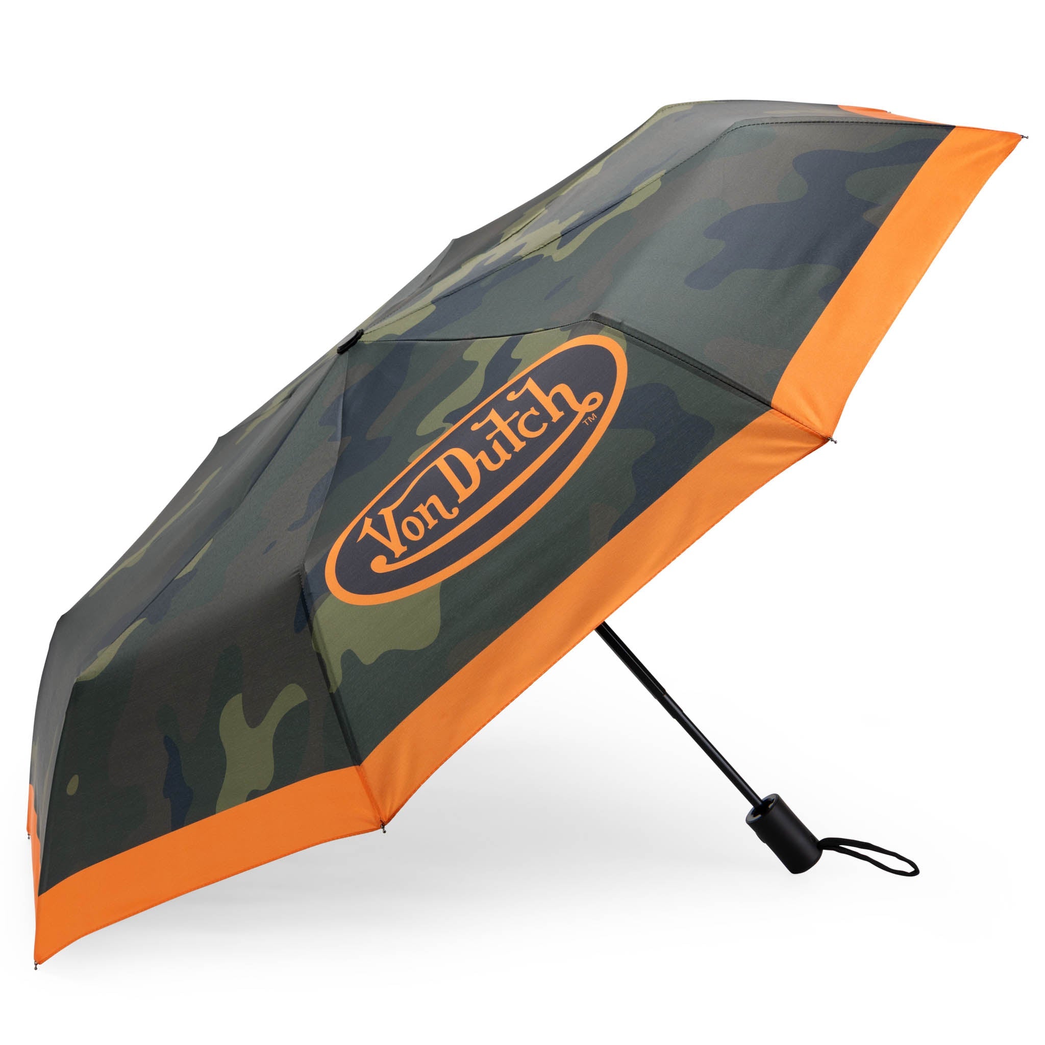 Von Dutch camo compact automatic umbrella with comfortable grip handle and protective travel sleeve