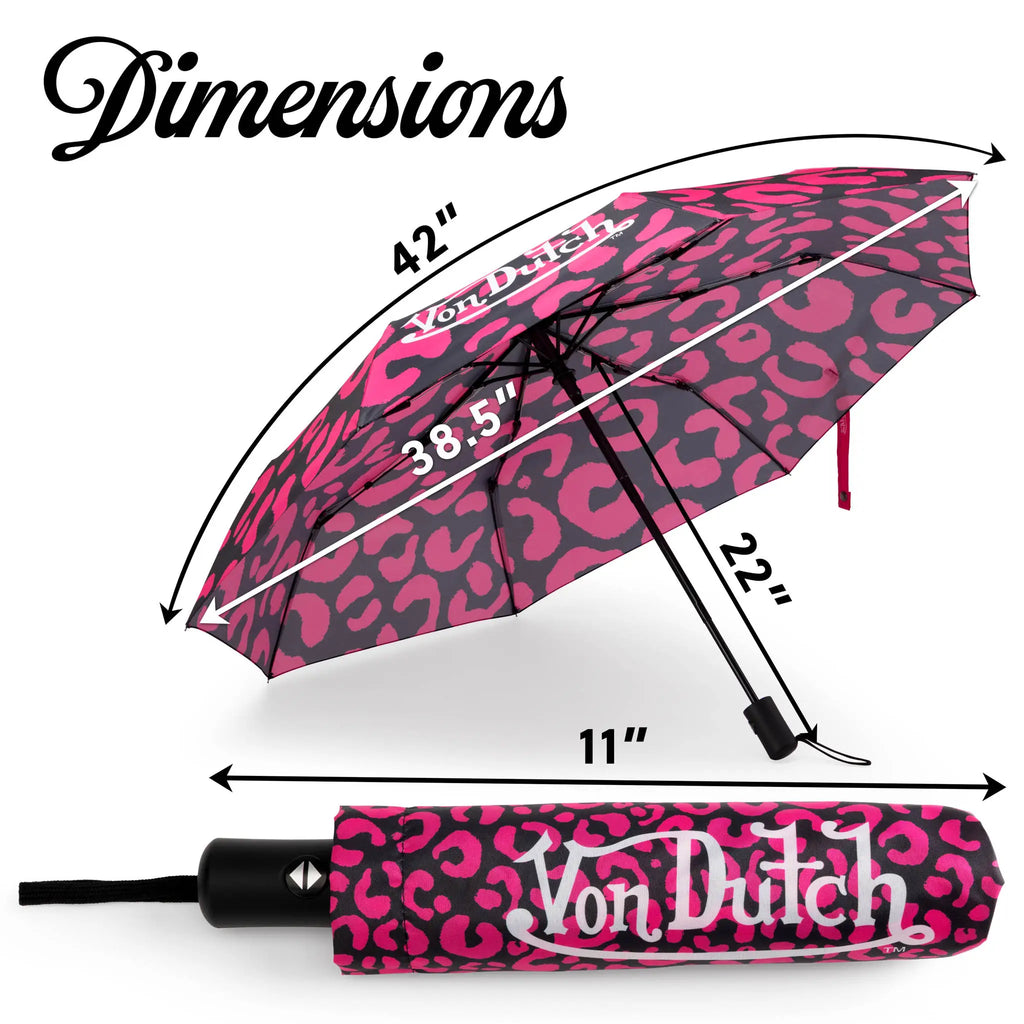 Hot pink cheetah print automatic travel umbrella by Von Dutch with matching protective sleeve. — view 4