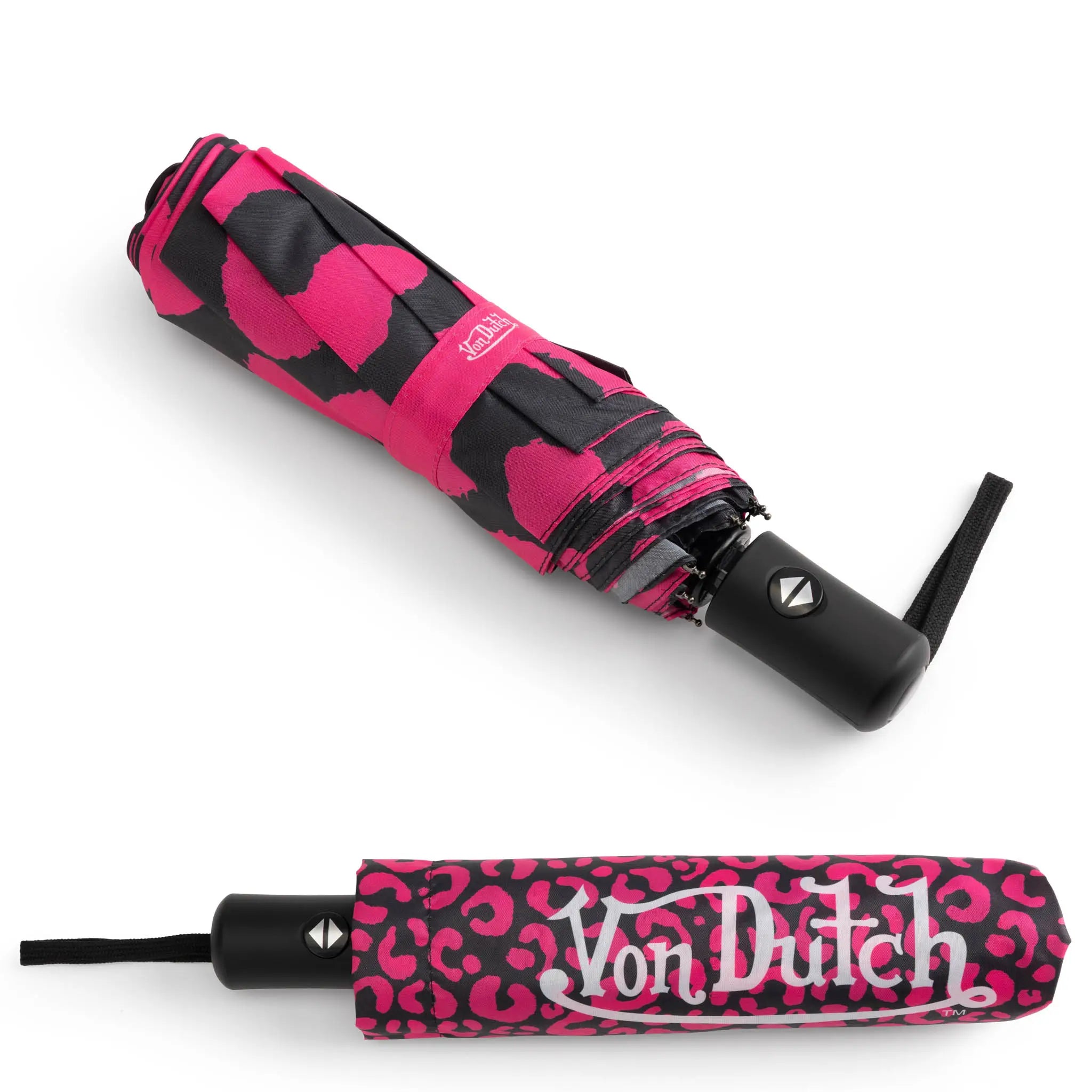 Hot pink cheetah print automatic travel umbrella by Von Dutch with matching protective sleeve. — view 5