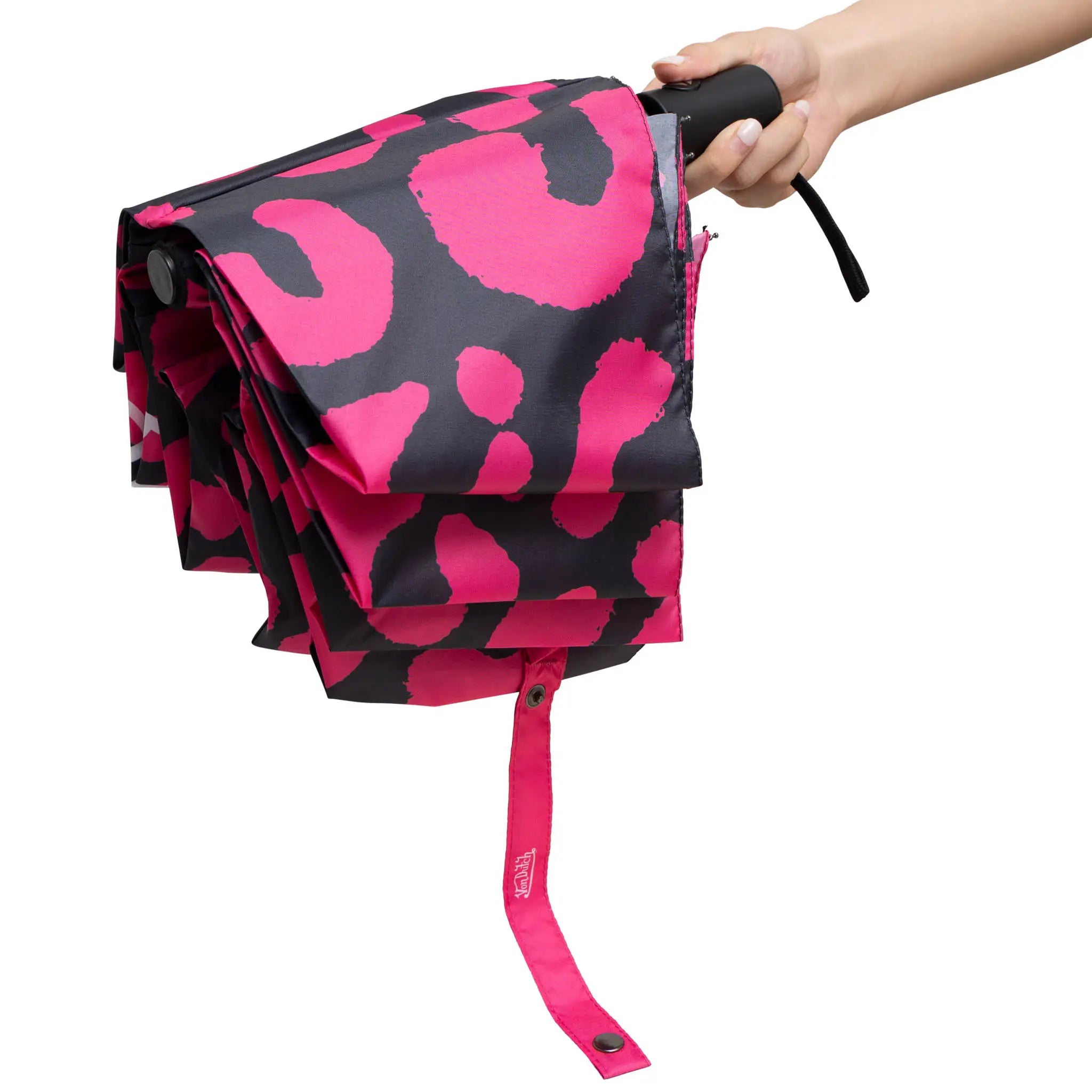 Hot pink cheetah print automatic travel umbrella by Von Dutch with matching protective sleeve. — view 3