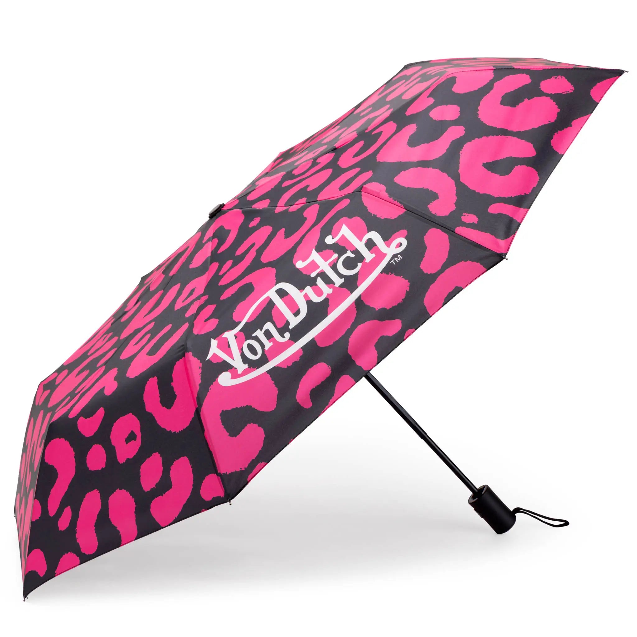 Hot pink cheetah print automatic travel umbrella by Von Dutch with matching protective sleeve.
