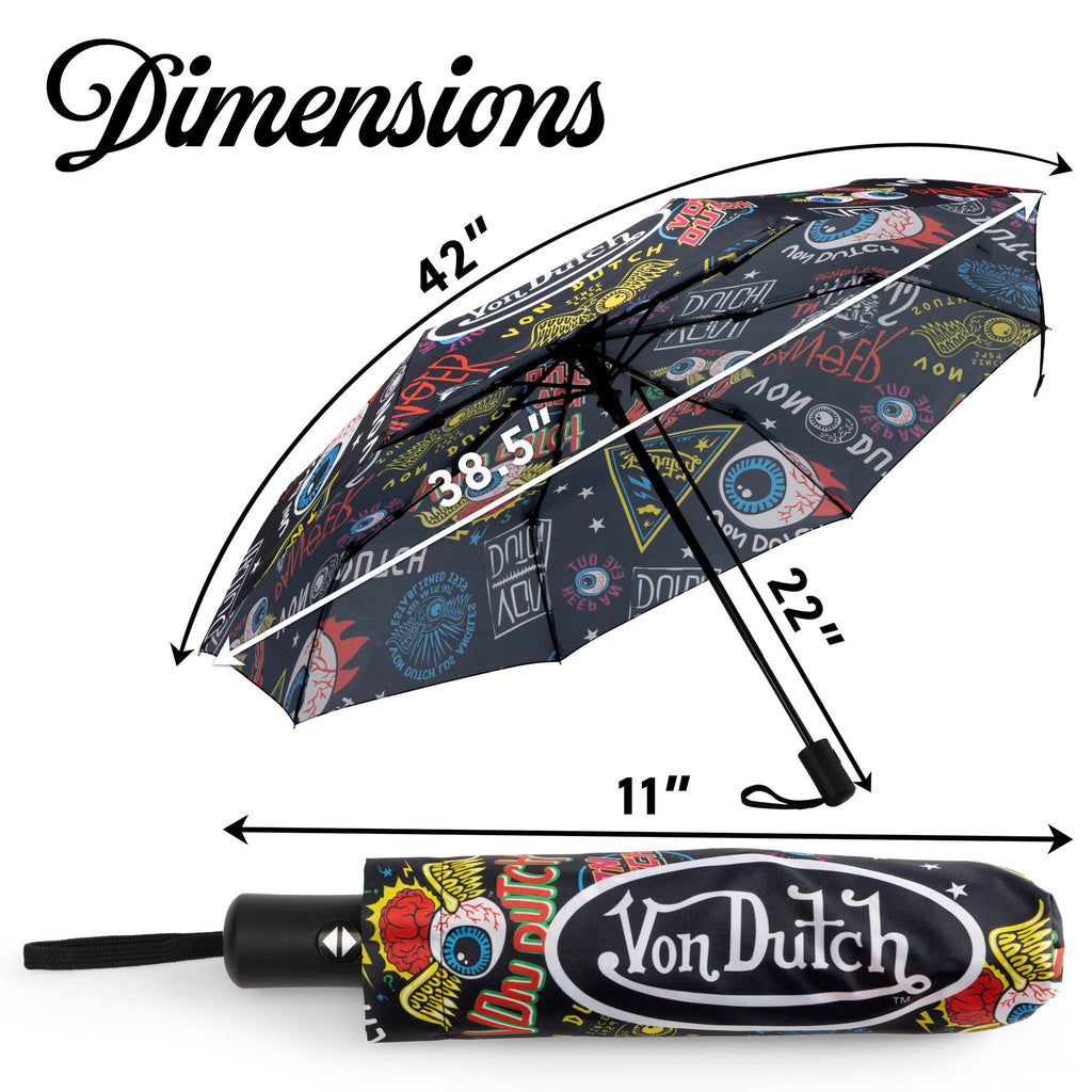 Black compact automatic travel umbrella with ergonomic handle, protective sleeve, and bold street style graphics — view 3