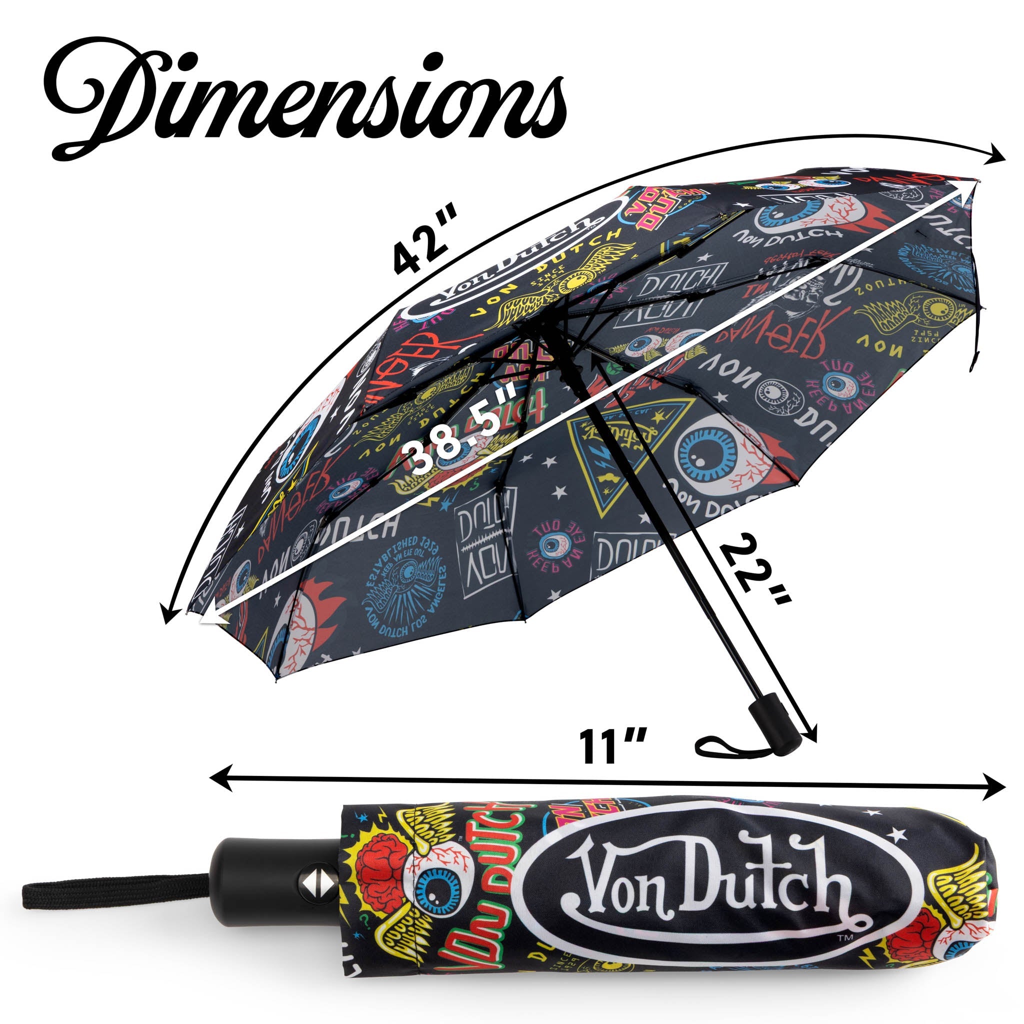 Black compact automatic travel umbrella with ergonomic handle, protective sleeve, and bold street style graphics — view 3
