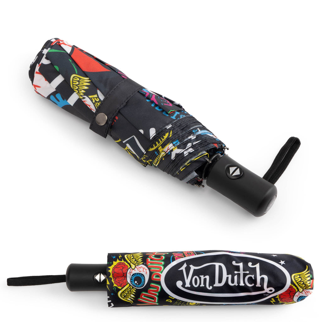 Black compact automatic travel umbrella with ergonomic handle, protective sleeve, and bold street style graphics — view 5