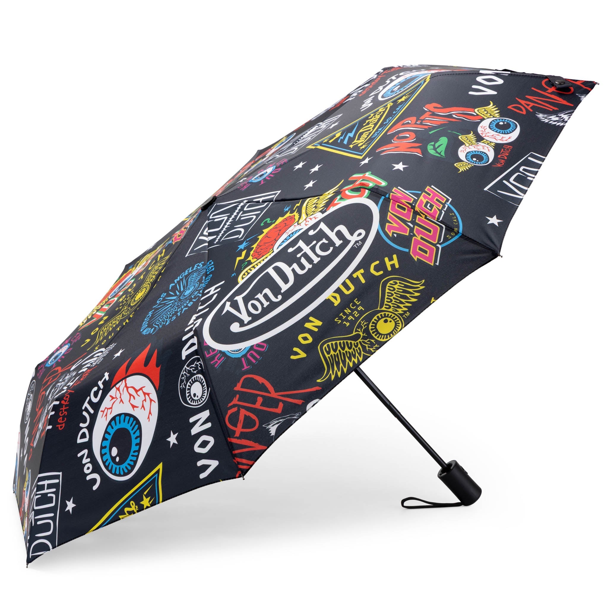 Black compact automatic travel umbrella with ergonomic handle, protective sleeve, and bold street style graphics