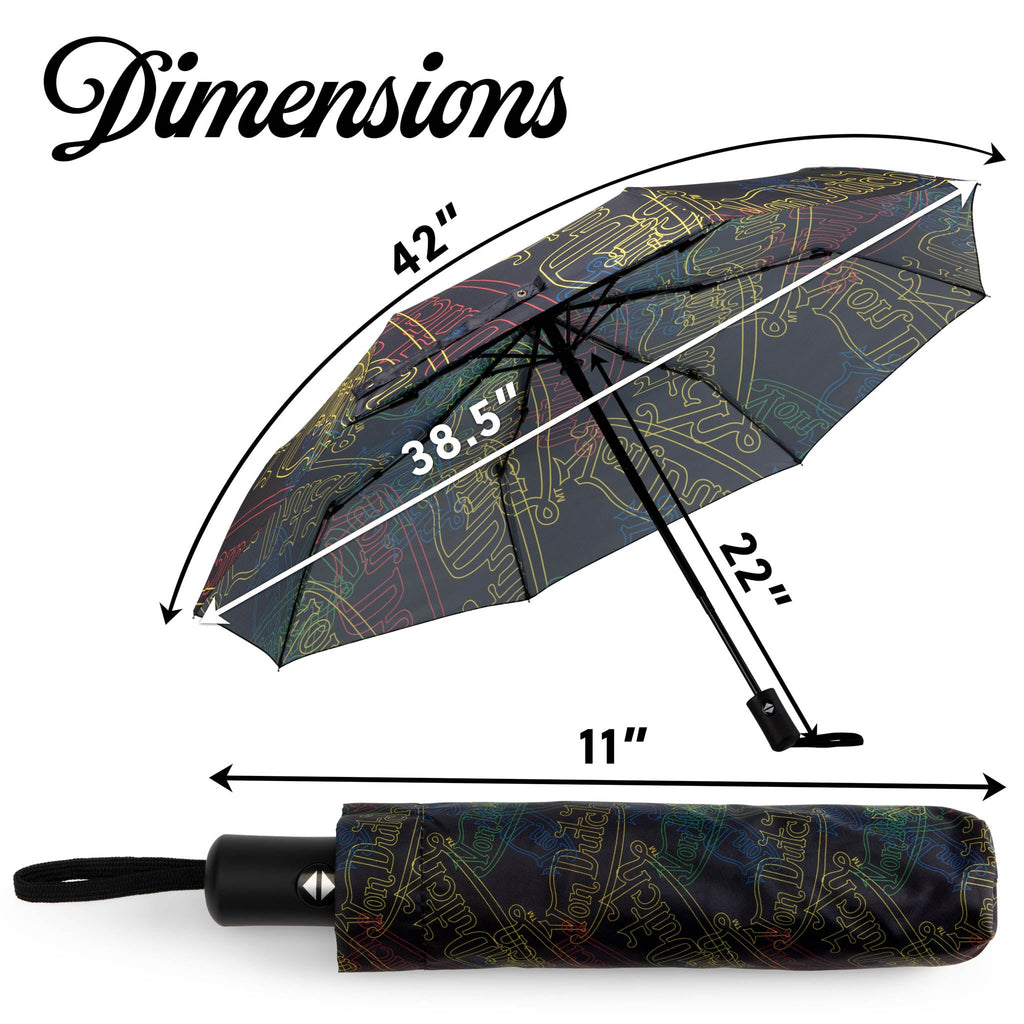 Compact automatic travel umbrella with bold neon graphic print, ergonomic handle, and matching protective sleeve — view 3