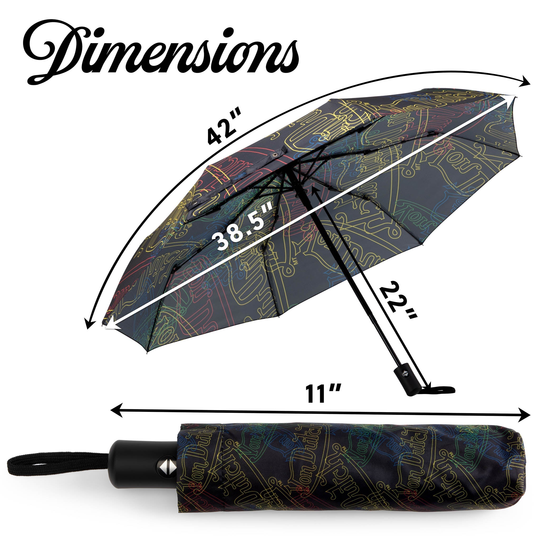 Compact automatic travel umbrella with bold neon graphic print, ergonomic handle, and matching protective sleeve — view 3