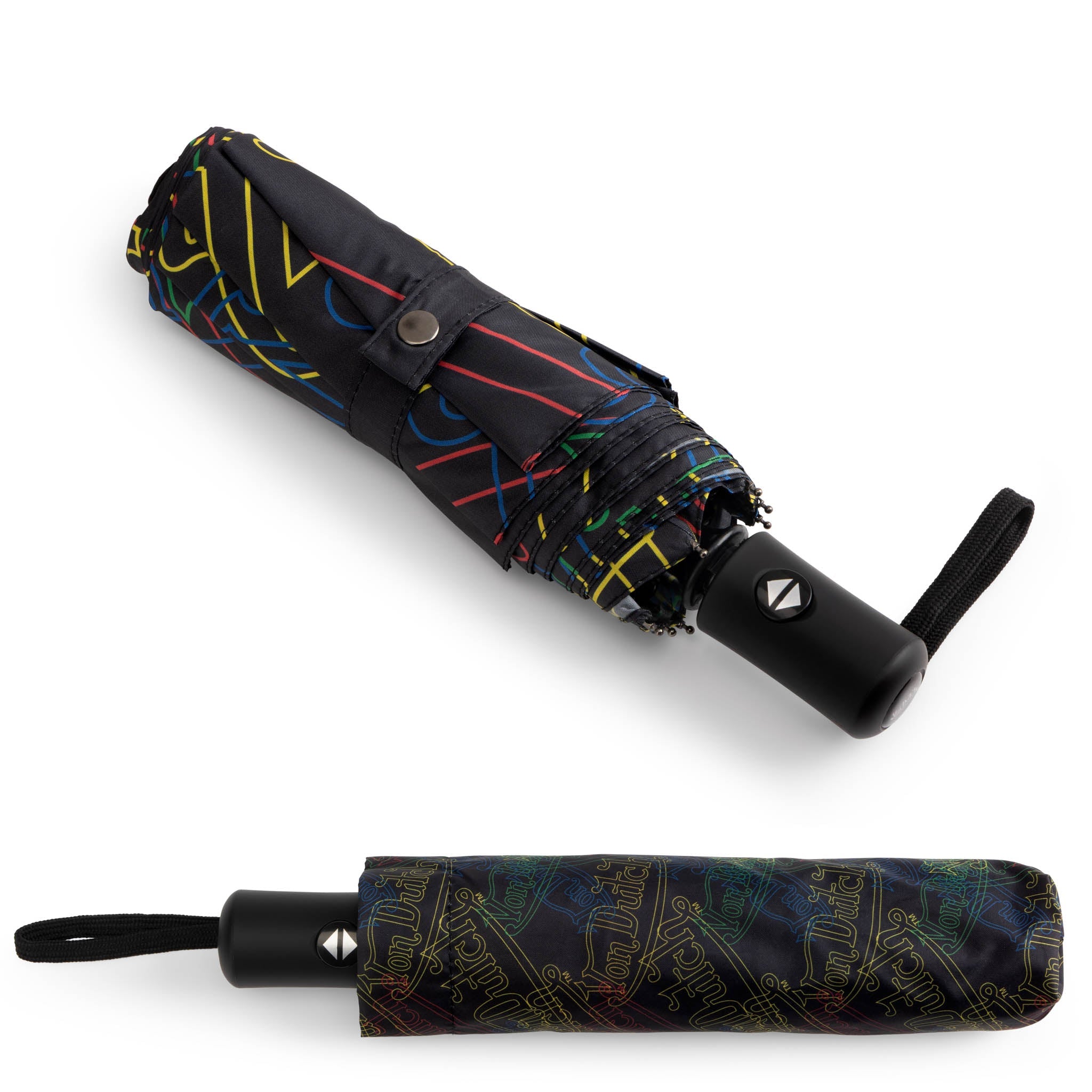 Compact automatic travel umbrella with bold neon graphic print, ergonomic handle, and matching protective sleeve — view 5