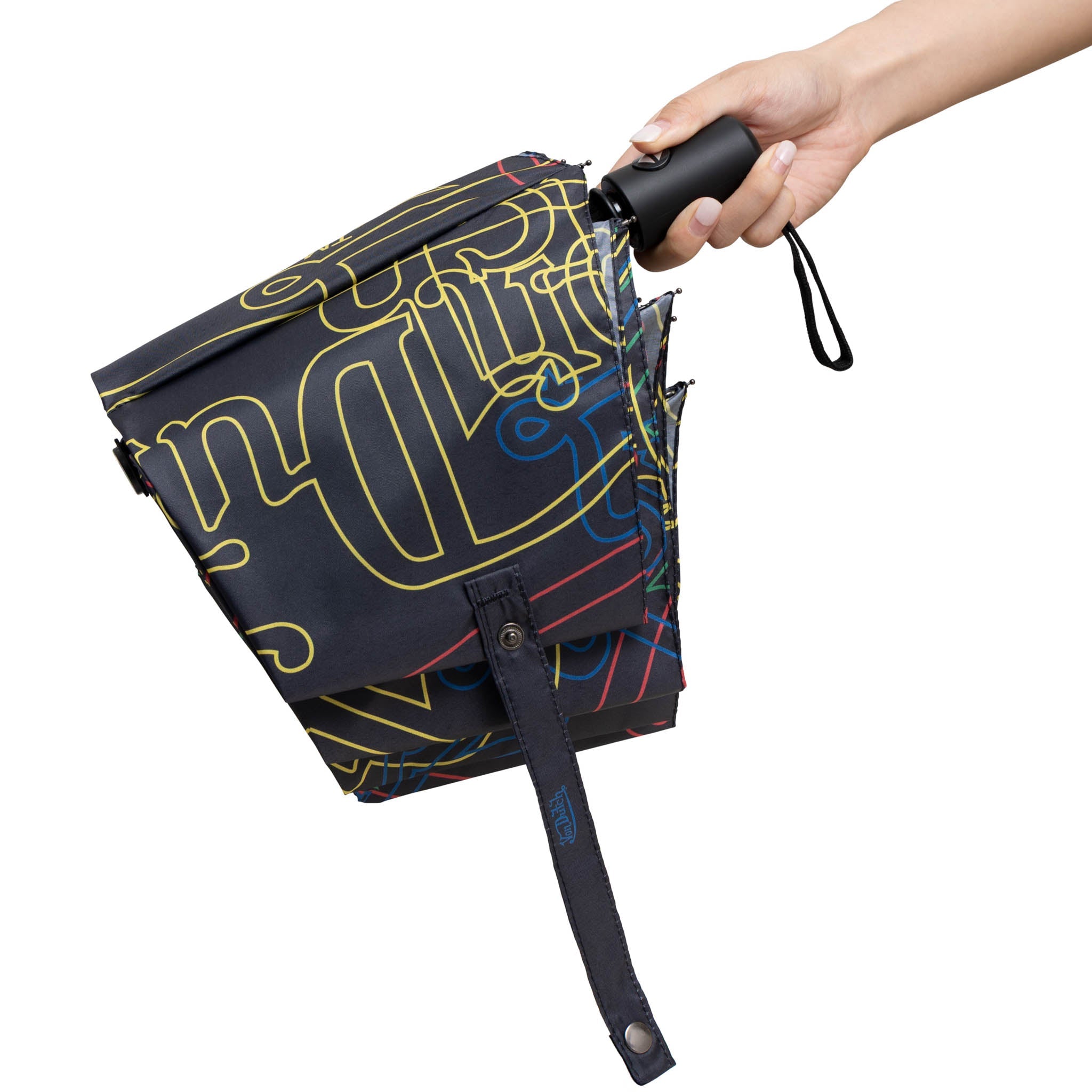 Compact automatic travel umbrella with bold neon graphic print, ergonomic handle, and matching protective sleeve — view 4
