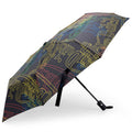 Compact automatic travel umbrella with bold neon graphic print, ergonomic handle, and matching protective sleeve