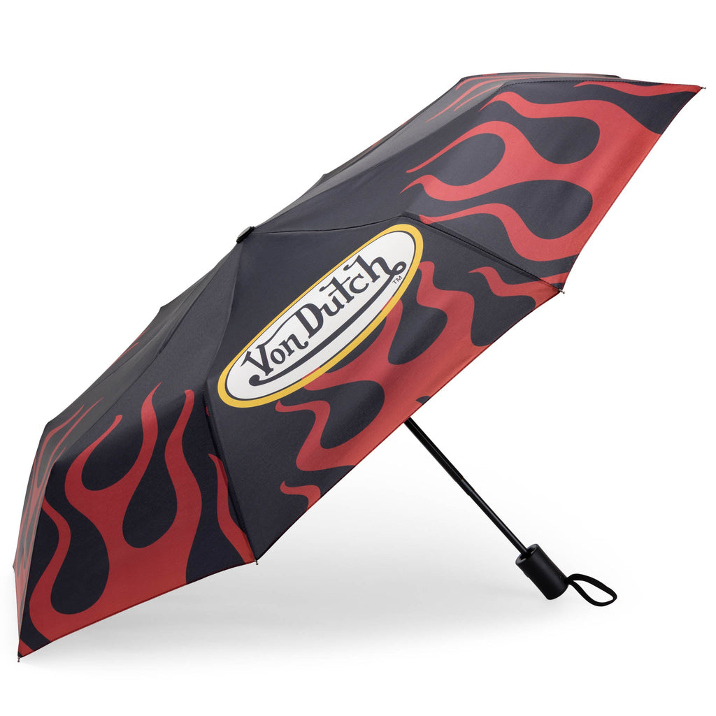 Von Dutch compact automatic umbrella with matching protective sleeve and bold streetwear graphics.
