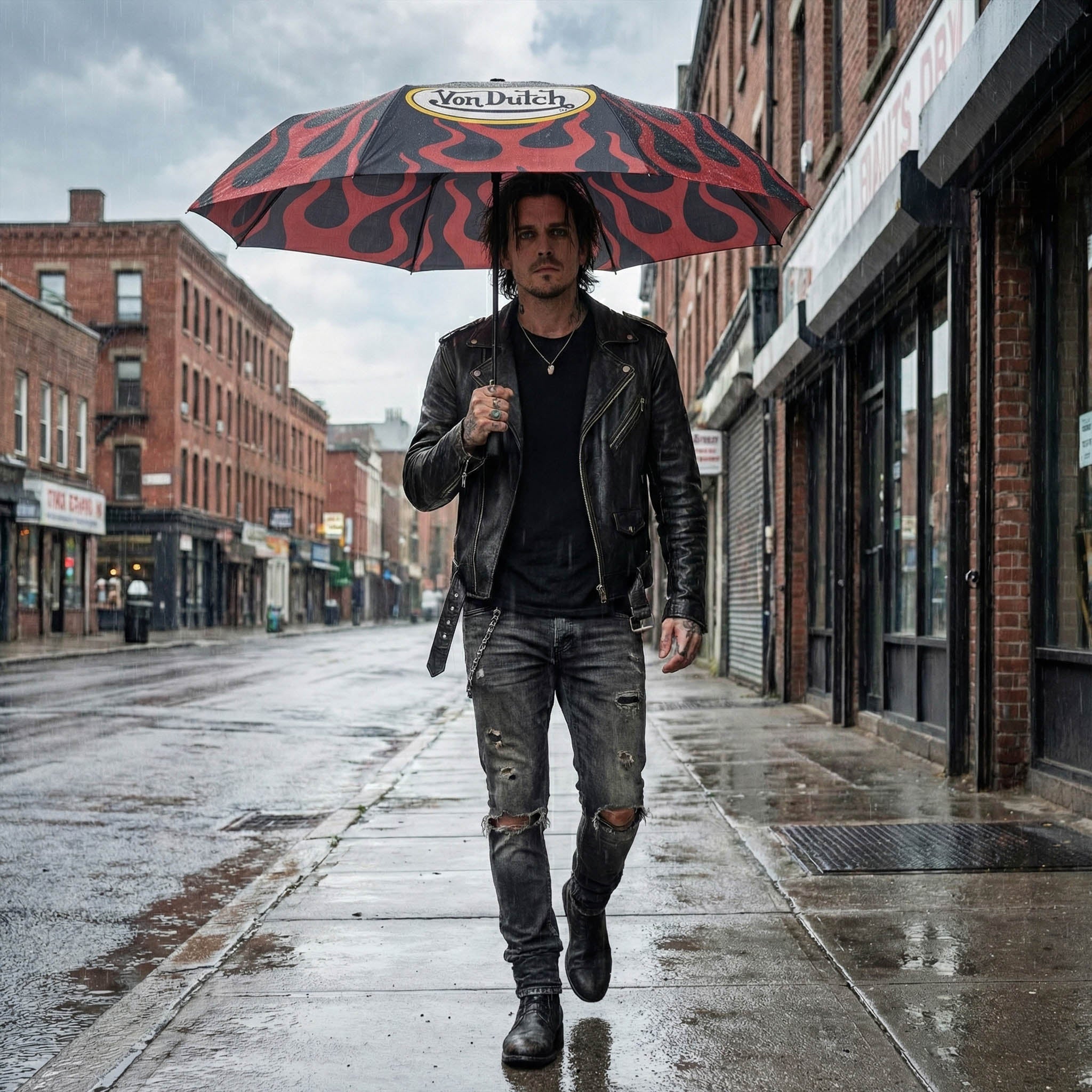 Von Dutch compact automatic umbrella with matching protective sleeve and bold streetwear graphics. — view 2