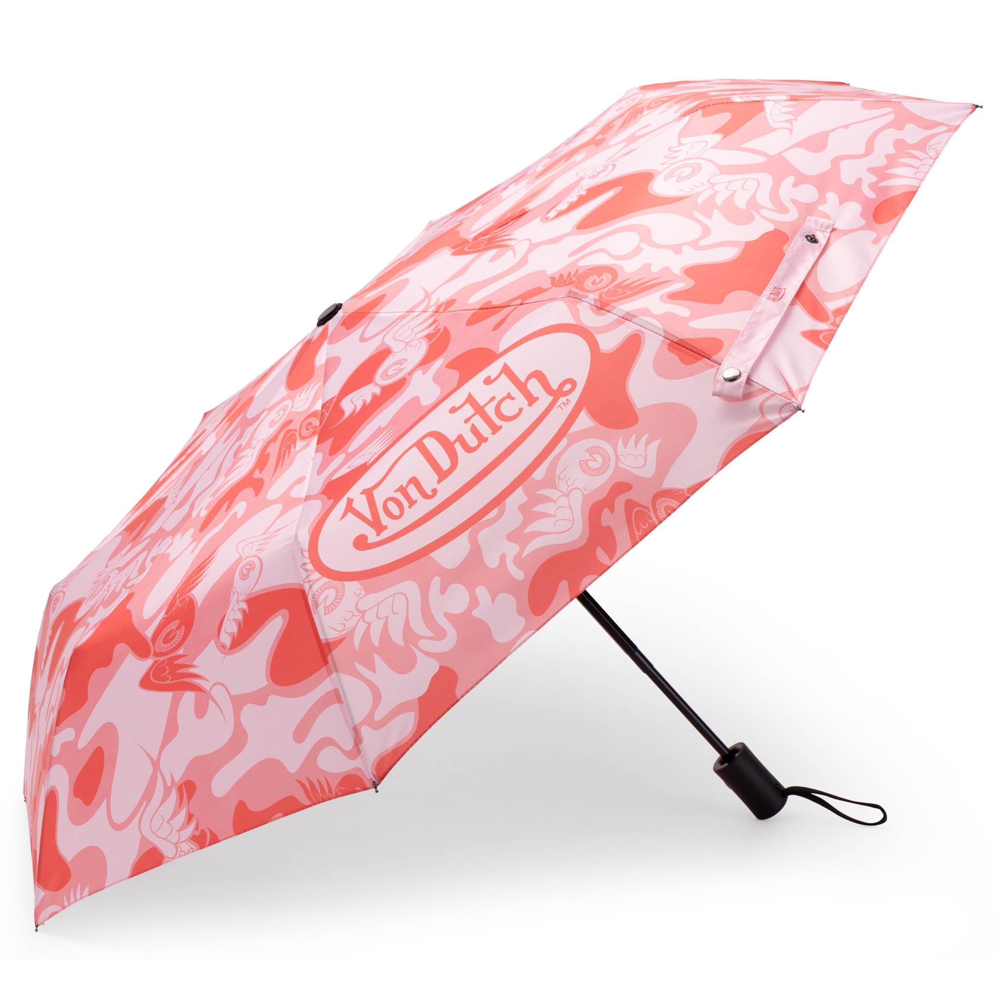 Pink camo compact automatic umbrella by Von Dutch with a matching protective storage sleeve.
