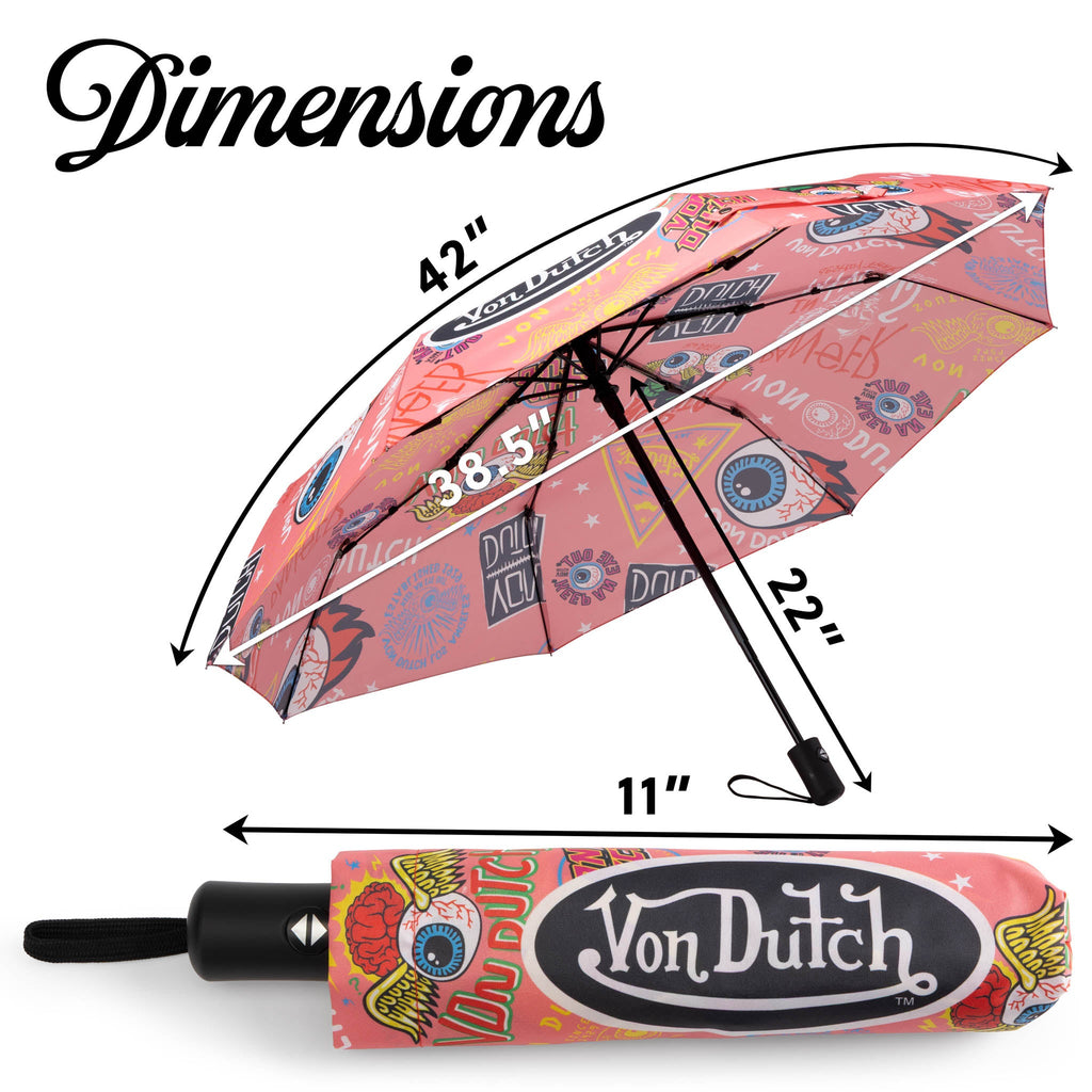 Pink Von Dutch compact automatic umbrella with matching protective sleeve and ergonomic grip handle — view 4