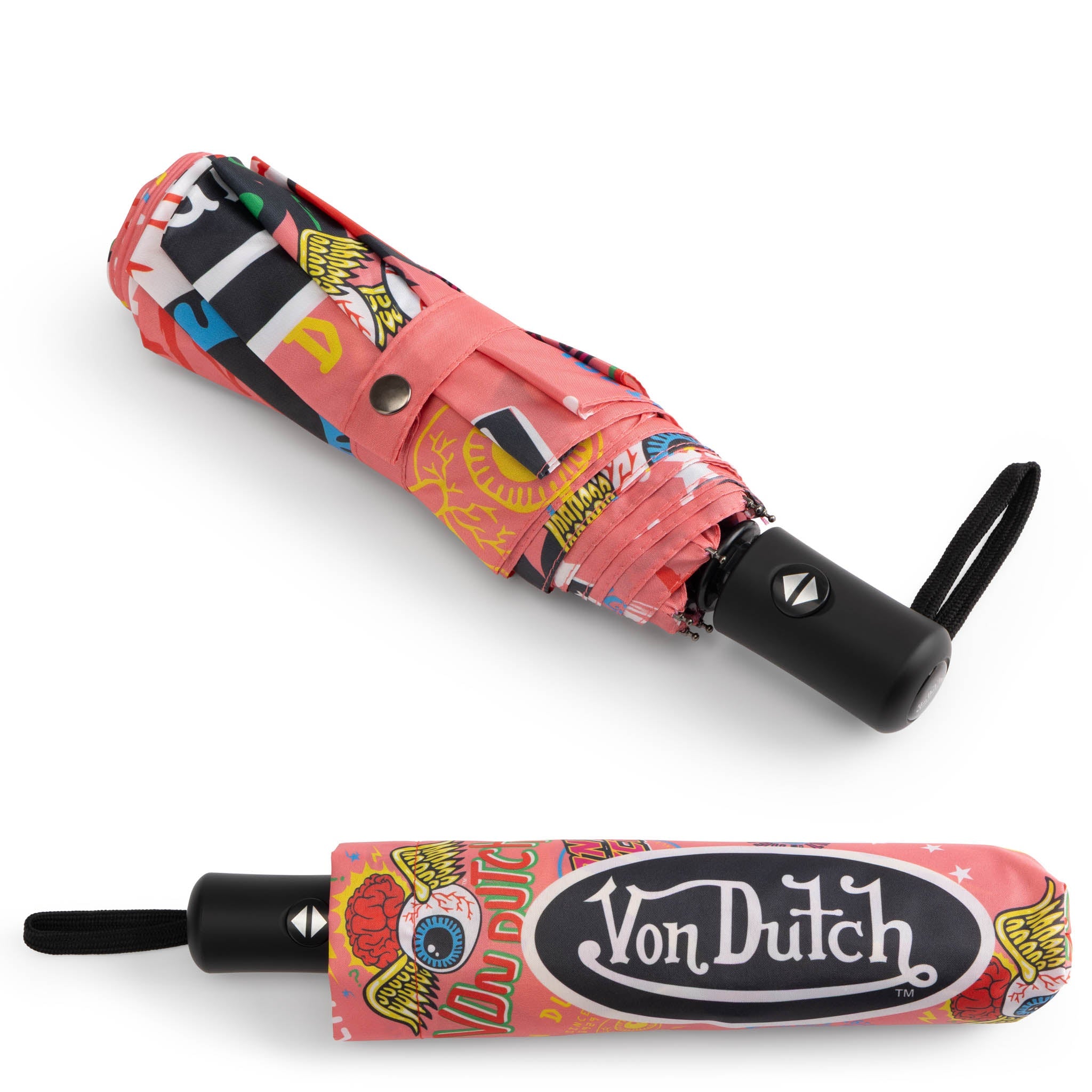 Pink Von Dutch compact automatic umbrella with matching protective sleeve and ergonomic grip handle — view 5