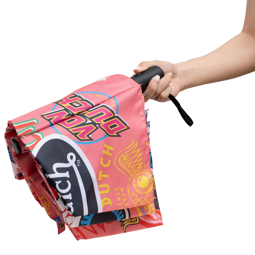 Pink Von Dutch compact automatic umbrella with matching protective sleeve and ergonomic grip handle — view 3