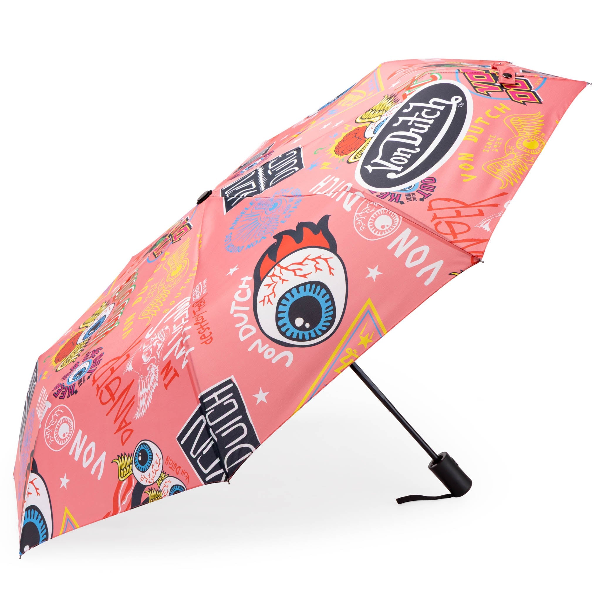Pink Von Dutch compact automatic umbrella with matching protective sleeve and ergonomic grip handle