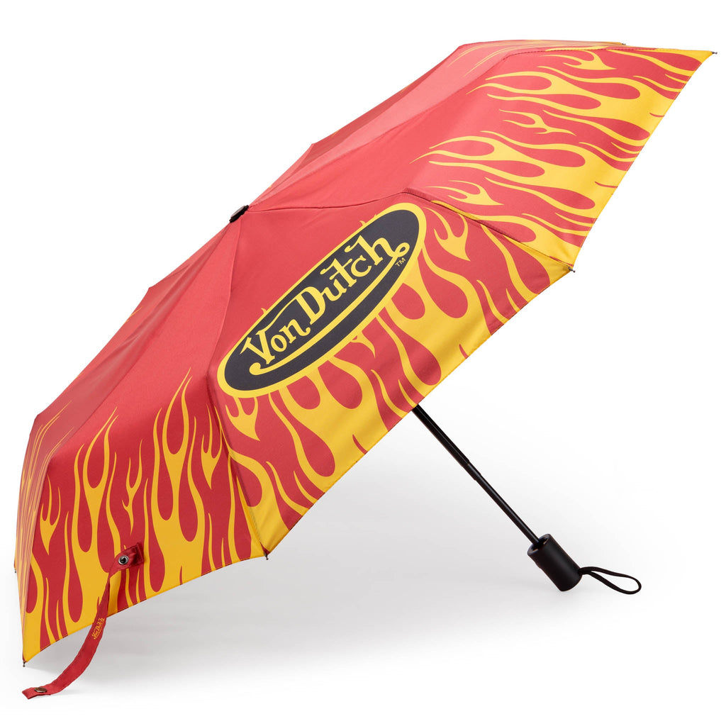 Red compact automatic umbrella with City of Angels graphics and matching protective travel sleeve