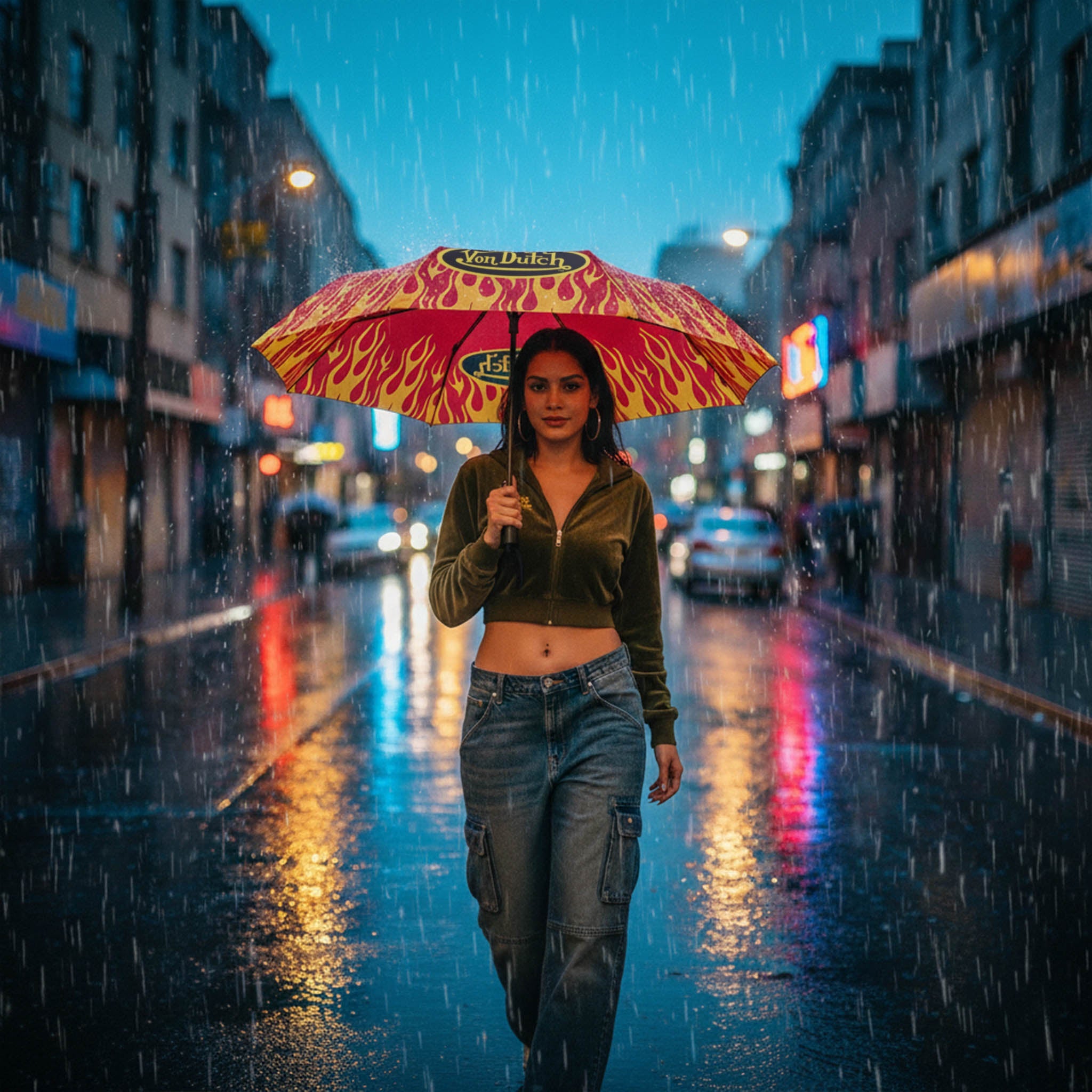 Red compact automatic umbrella with City of Angels graphics and matching protective travel sleeve — view 2