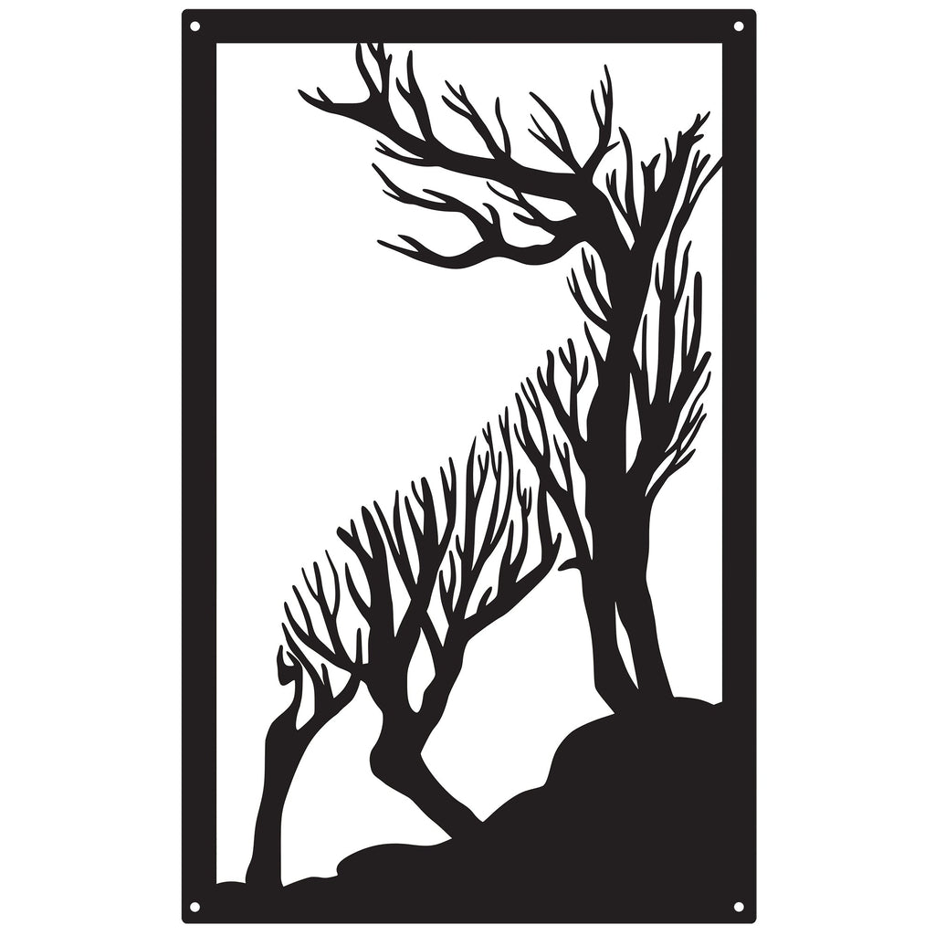 Roaring stag garden mirror in shatterproof acrylic, reflecting outdoor foliage on a wooden fence. — view 3