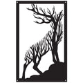 Roaring stag garden mirror in shatterproof acrylic, reflecting outdoor foliage on a wooden fence.