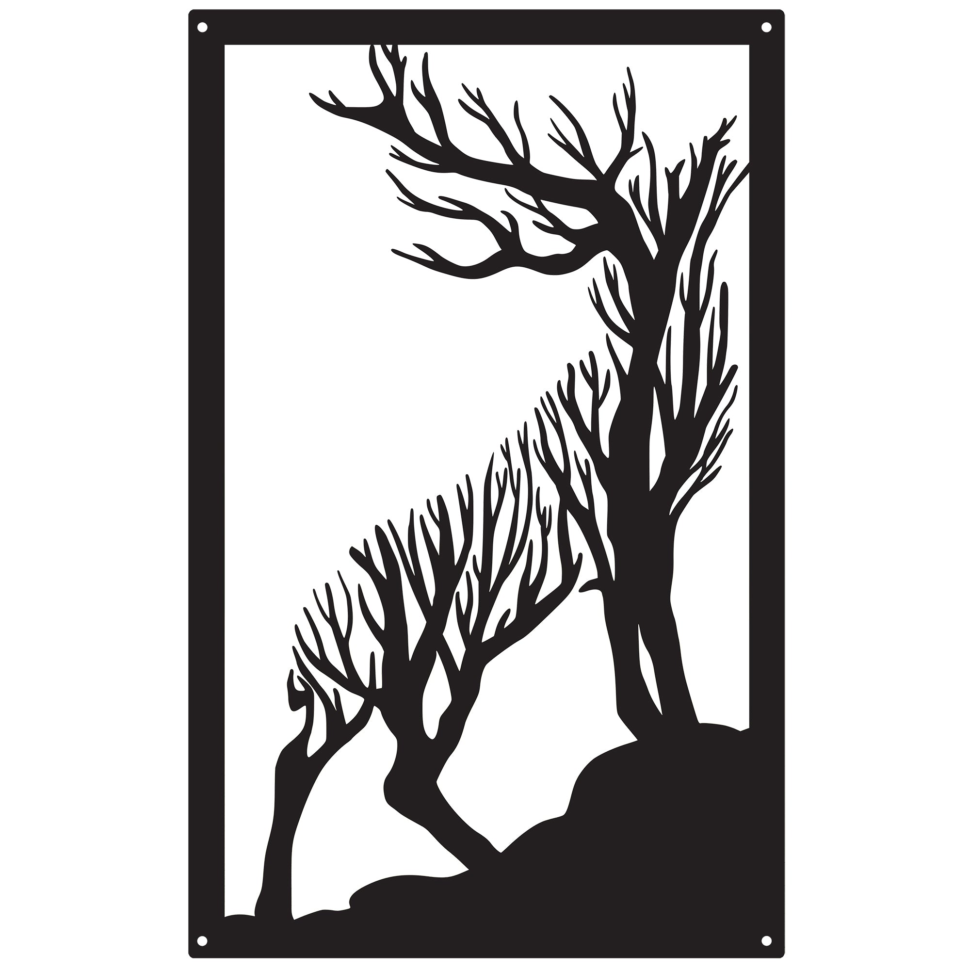 Roaring stag garden mirror in shatterproof acrylic, reflecting outdoor foliage on a wooden fence.