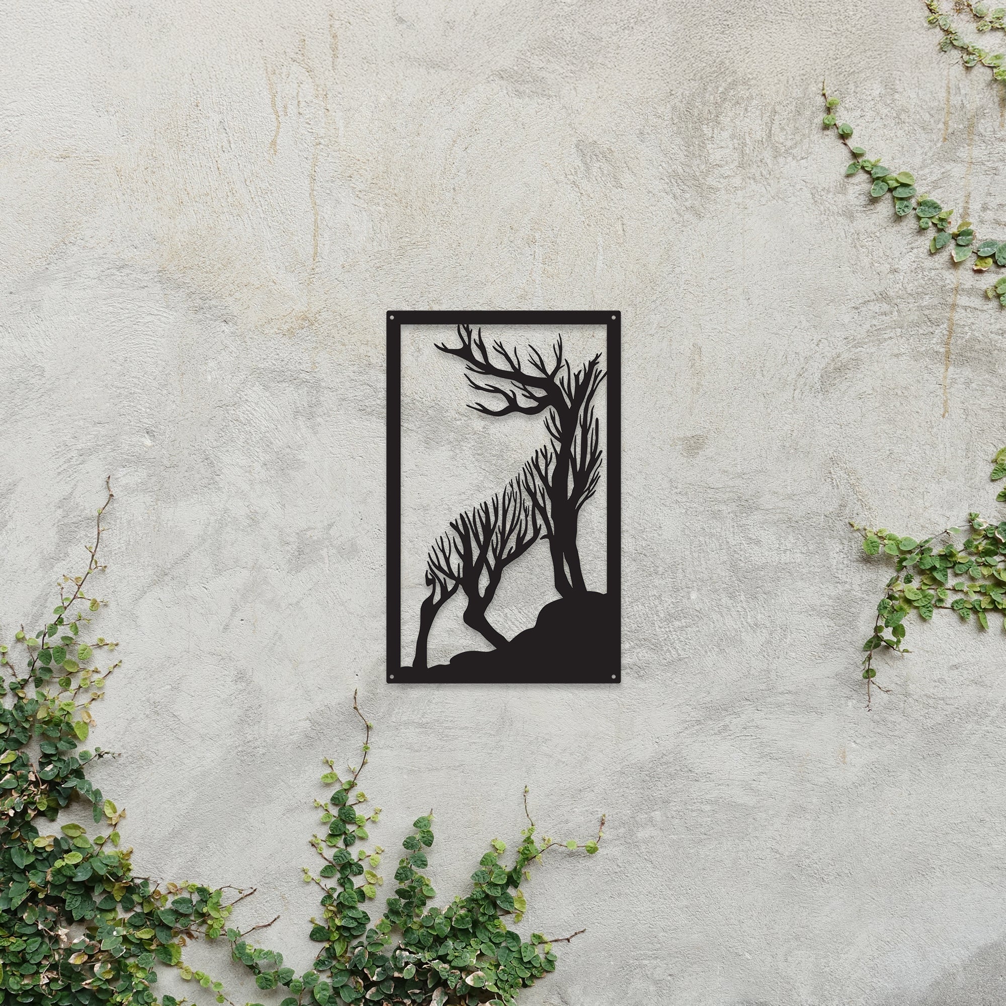 Roaring stag garden mirror in shatterproof acrylic, reflecting outdoor foliage on a wooden fence. — view 2
