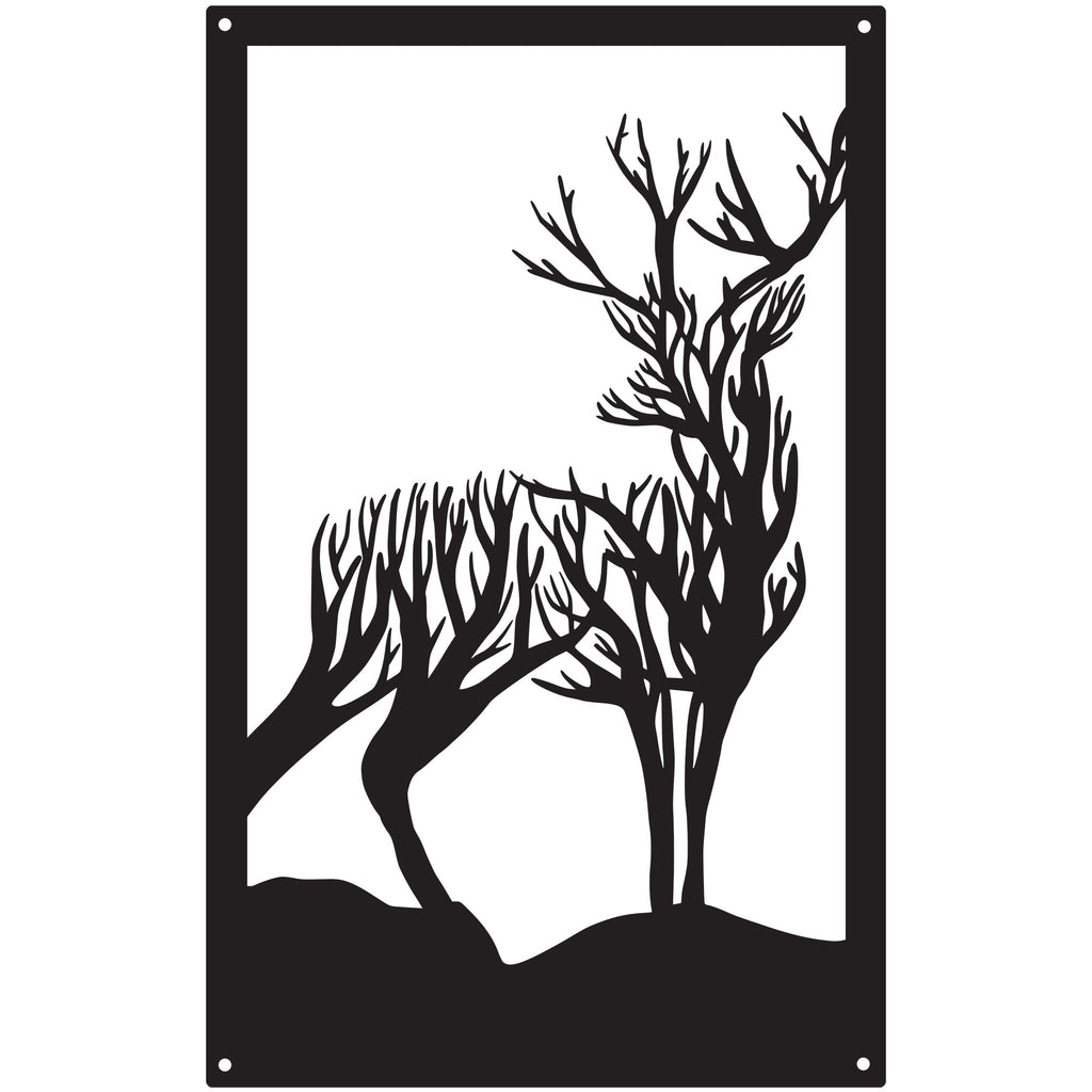 Highland stag garden mirror silhouette in shatterproof acrylic reflecting outdoor patio plants and fence — view 3
