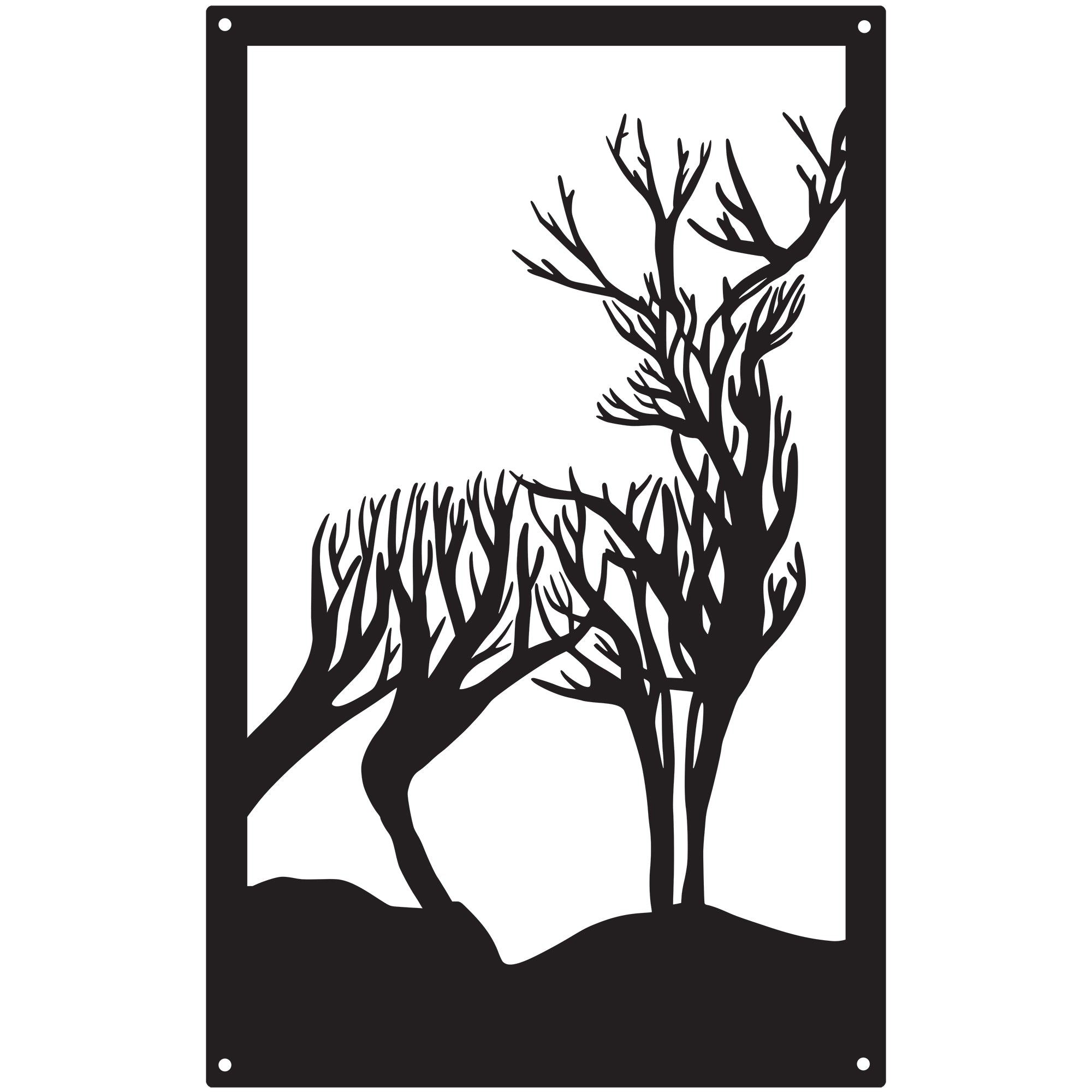 Highland stag garden mirror silhouette in shatterproof acrylic reflecting outdoor patio plants and fence