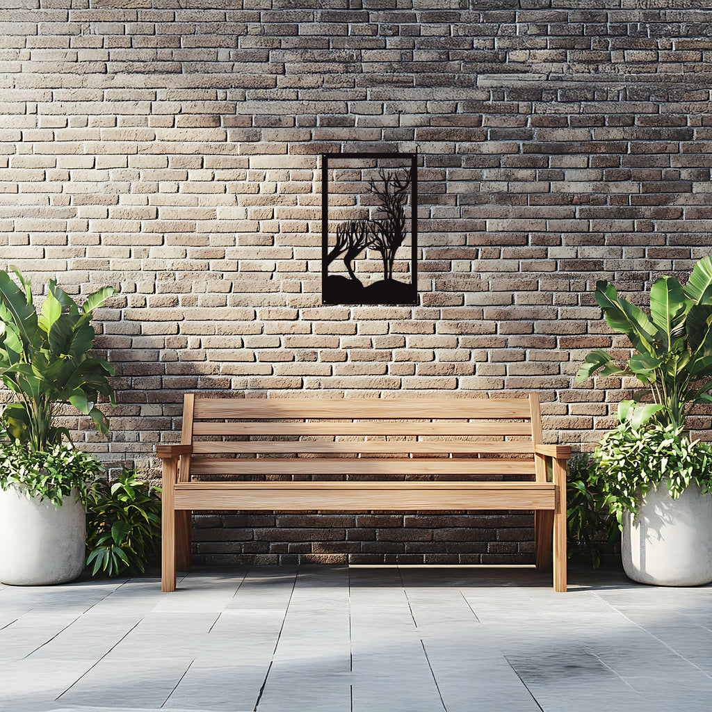 Highland stag garden mirror silhouette in shatterproof acrylic reflecting outdoor patio plants and fence — view 4