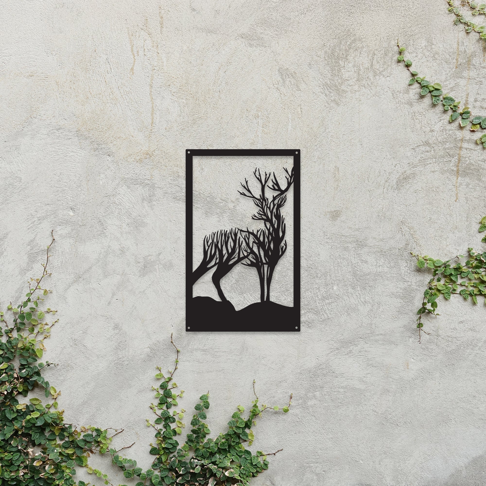 Highland stag garden mirror silhouette in shatterproof acrylic reflecting outdoor patio plants and fence — view 2