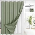 Sage green waffle textured shower curtain set with clear PEVA liner and stainless steel hooks