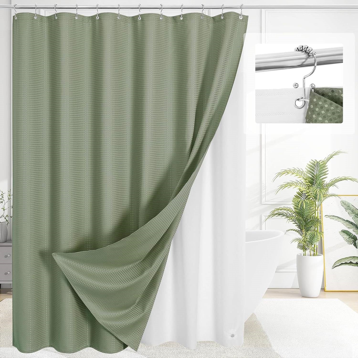 Sage green waffle textured shower curtain set with clear PEVA liner and stainless steel hooks