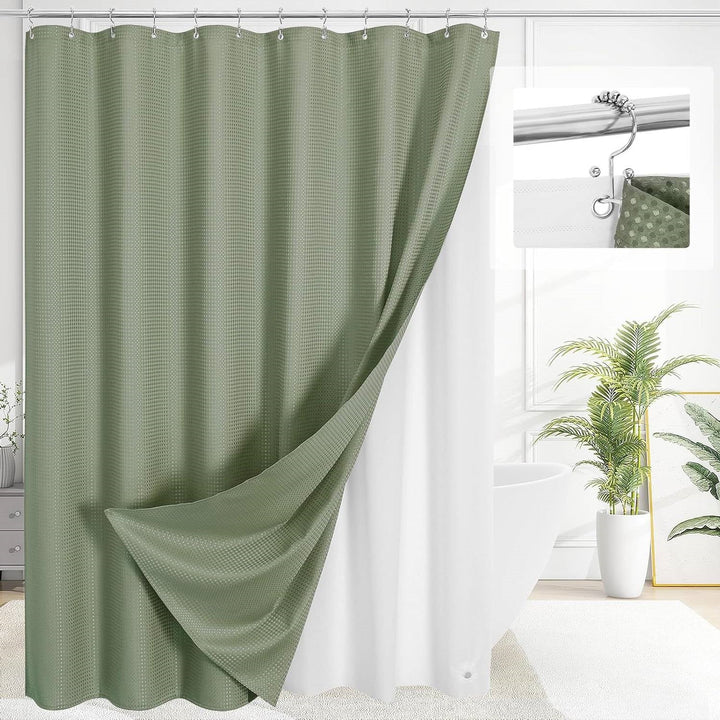72"W x 72"H Sage Green Waffle Textured 3 in 1 Shower Curtain Set