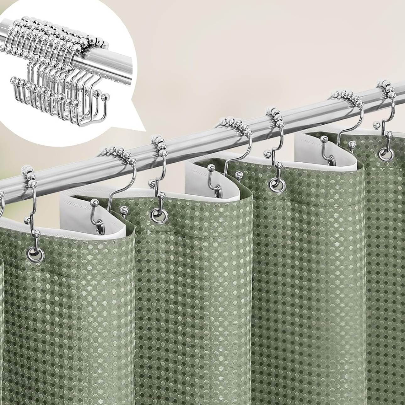 Sage green waffle textured shower curtain set with clear PEVA liner and stainless steel hooks — view 2