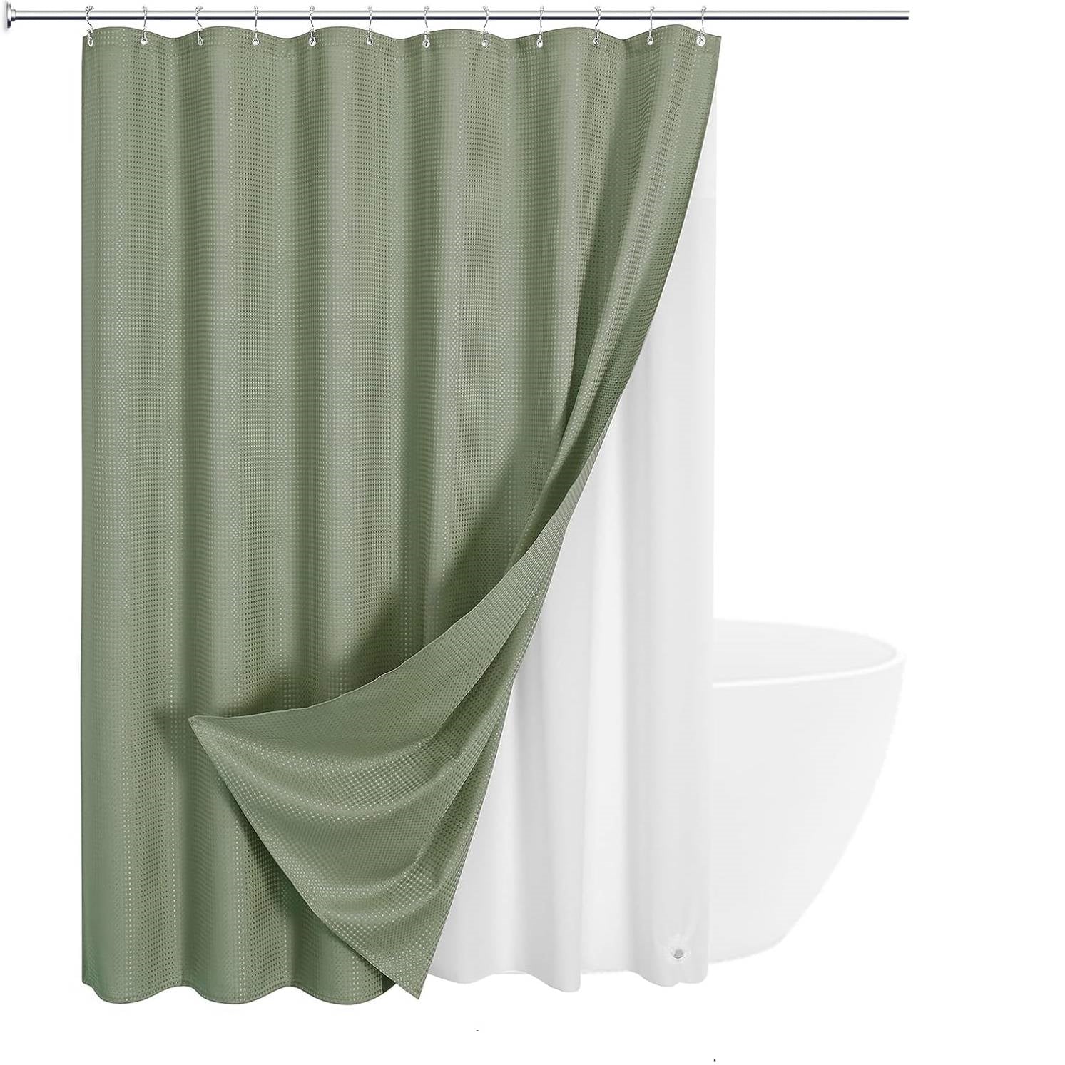 Sage green waffle textured shower curtain set with clear PEVA liner and stainless steel hooks — view 3