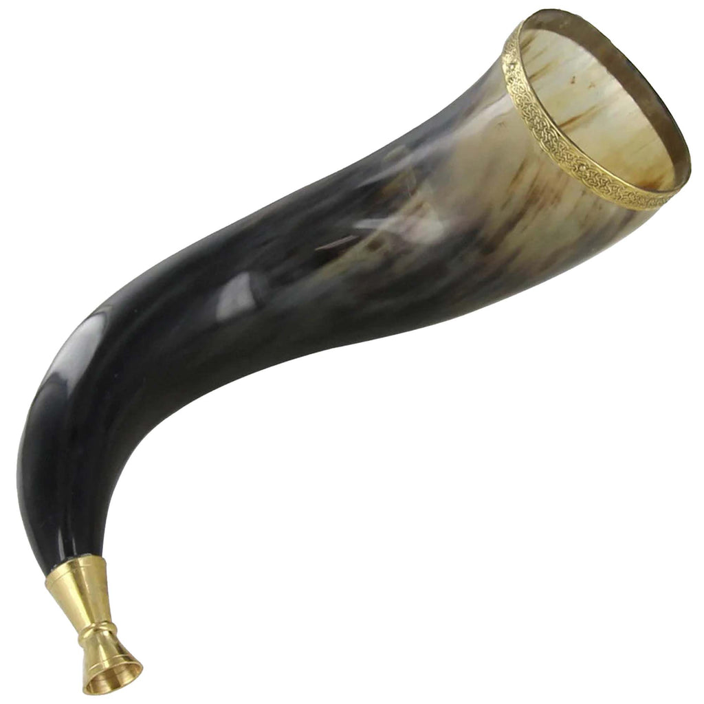 Warriors Call Cow Horn Trumpet with Brass Rim and Celtic Cross Etching-0