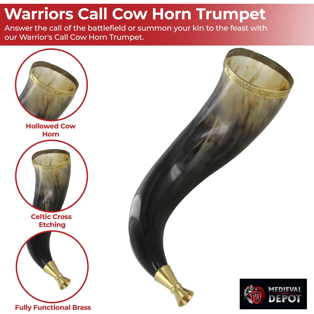 Warriors Call Cow Horn Trumpet with Brass Rim and Celtic Cross Etching-2