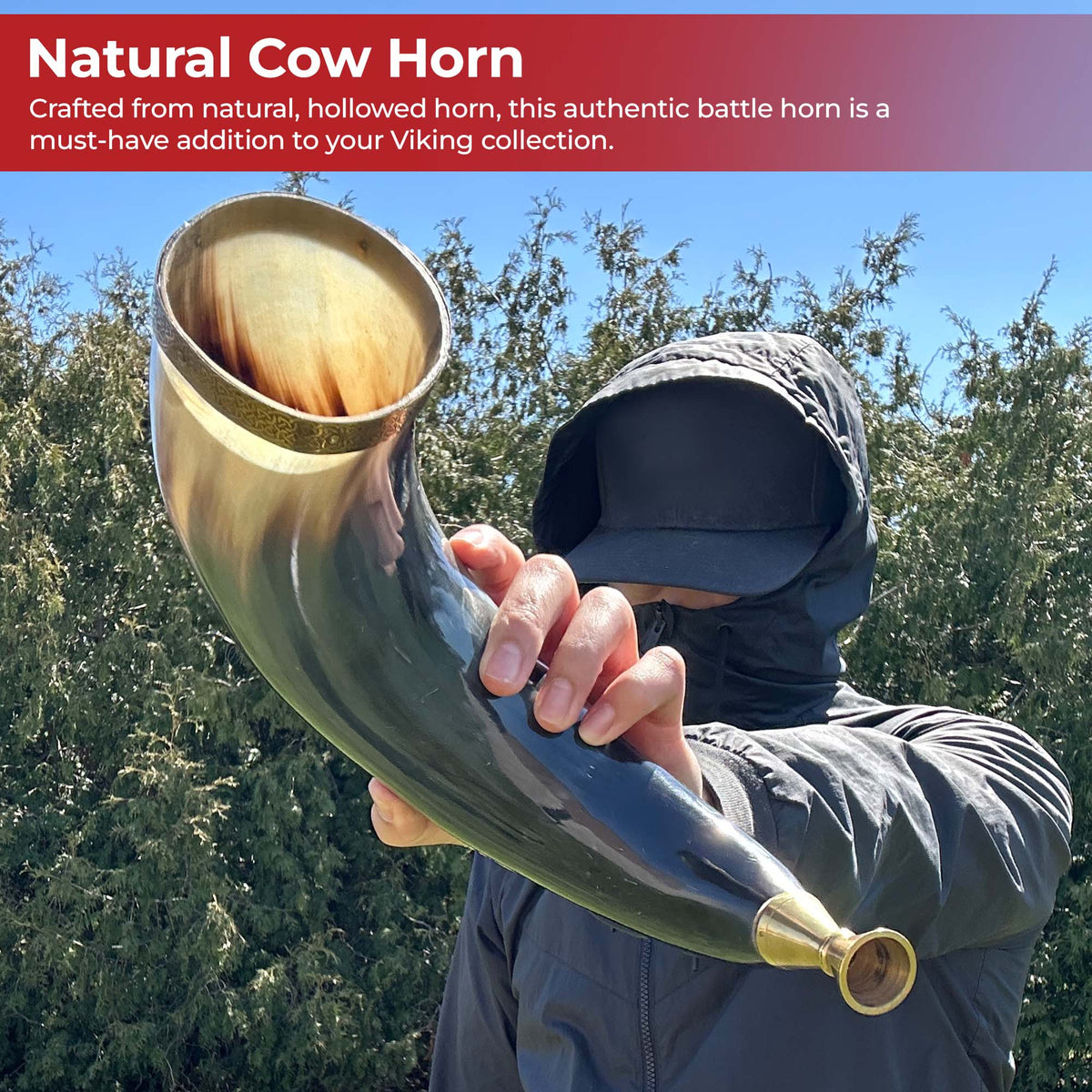 Warriors Call Cow Horn Trumpet with Brass Rim and Celtic Cross Etching-3