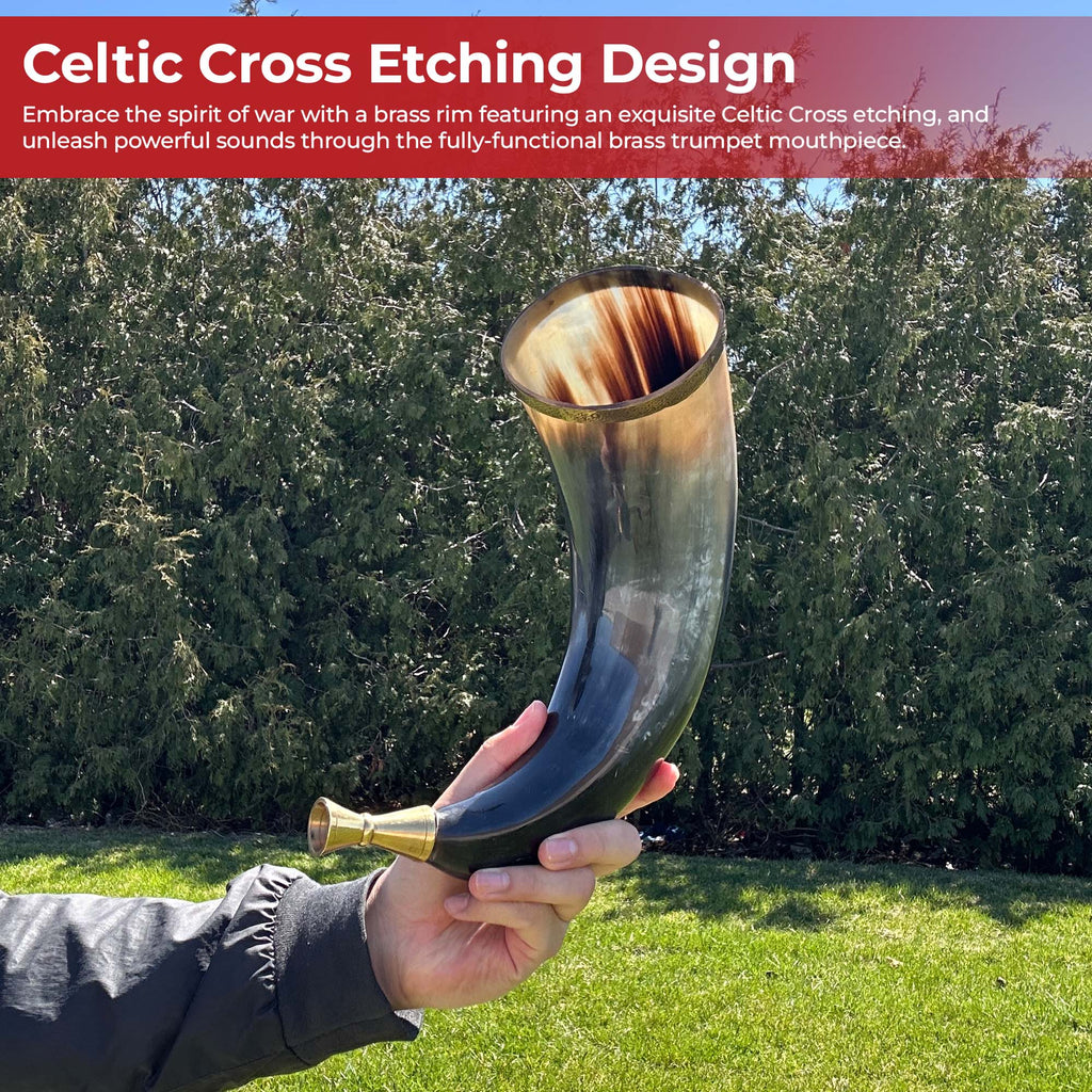 Warriors Call Cow Horn Trumpet with Brass Rim and Celtic Cross Etching-4