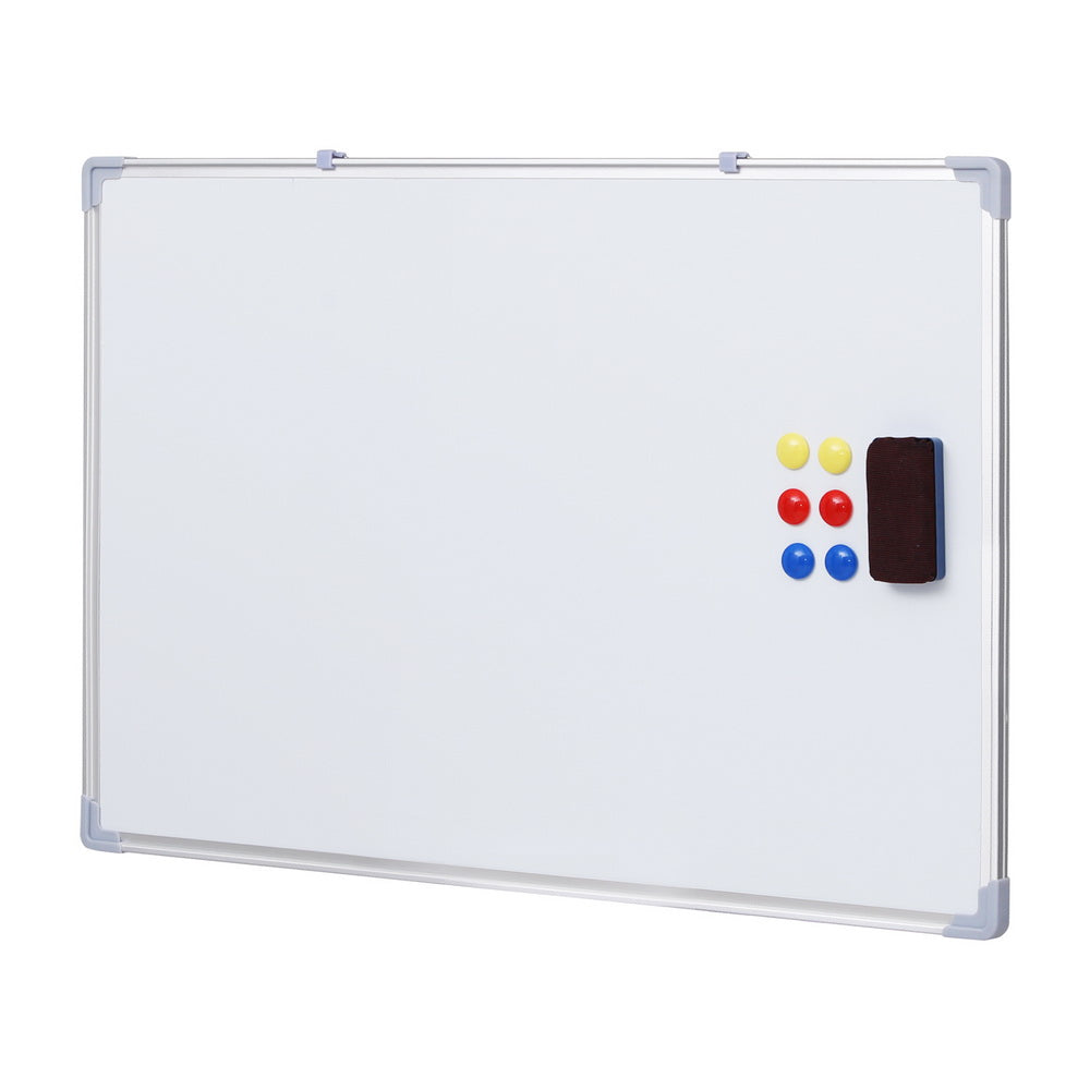 Double-sided 60x90cm magnetic whiteboard on lockable wheels with marker and eraser tray.