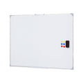 Magnetic whiteboard 90x120cm on mobile steel frame with marker tray, eraser, and magnets.