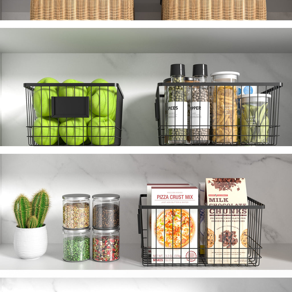 Set of three black metal wire organizer baskets with front card holders for home storage — view 5