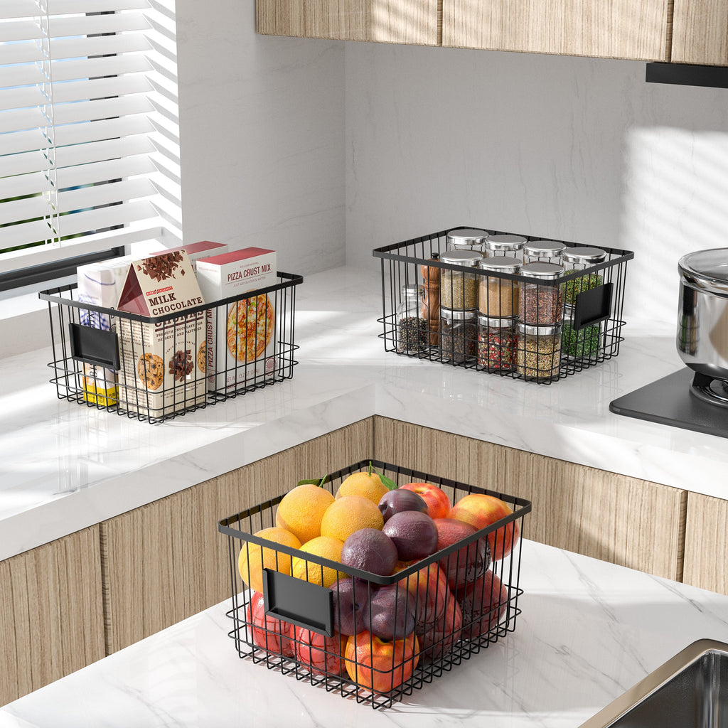 Set of three black metal wire organizer baskets with front card holders for home storage — view 7